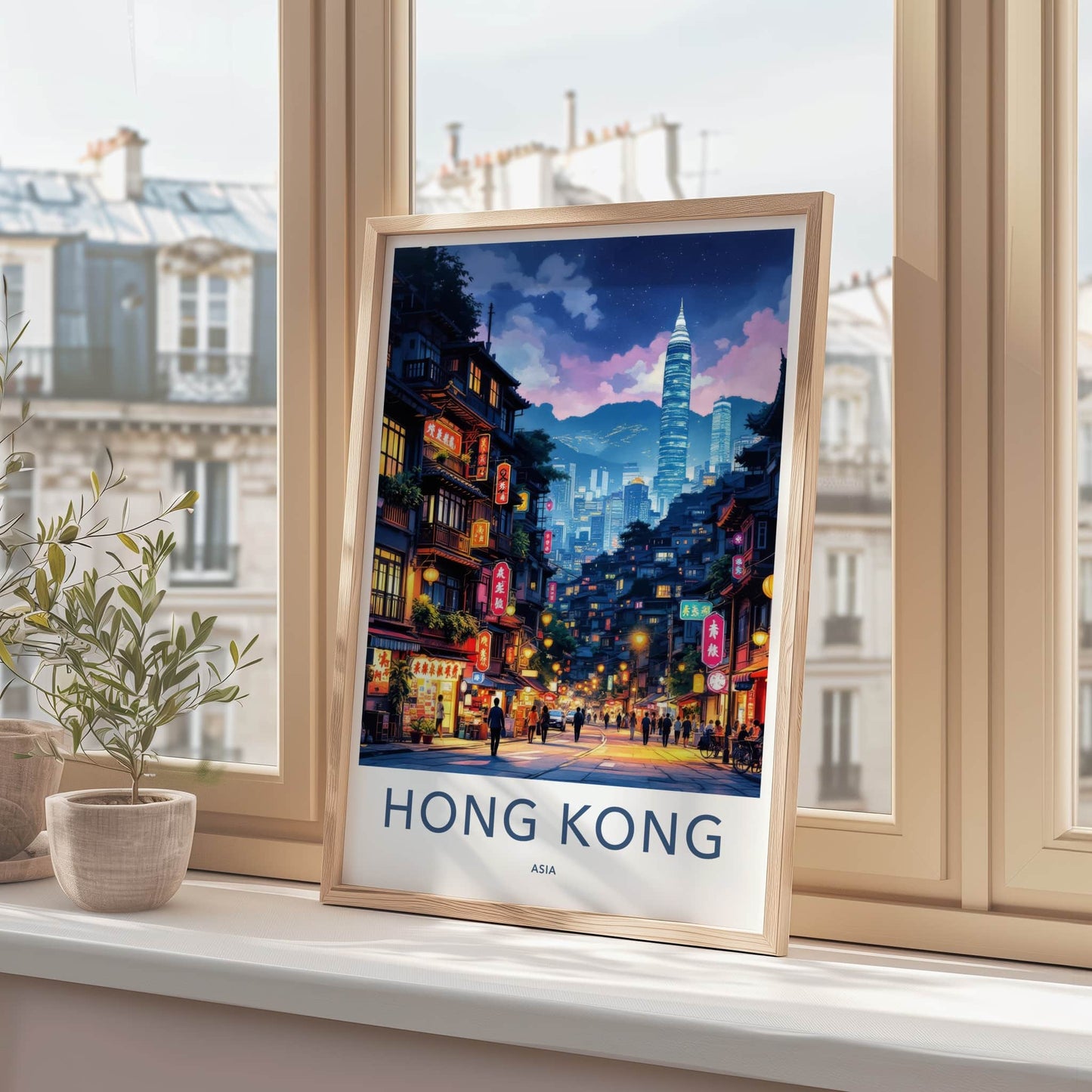 Hong Kong Poster - Asia Travel Print - Neon Lit Street Gallery Art