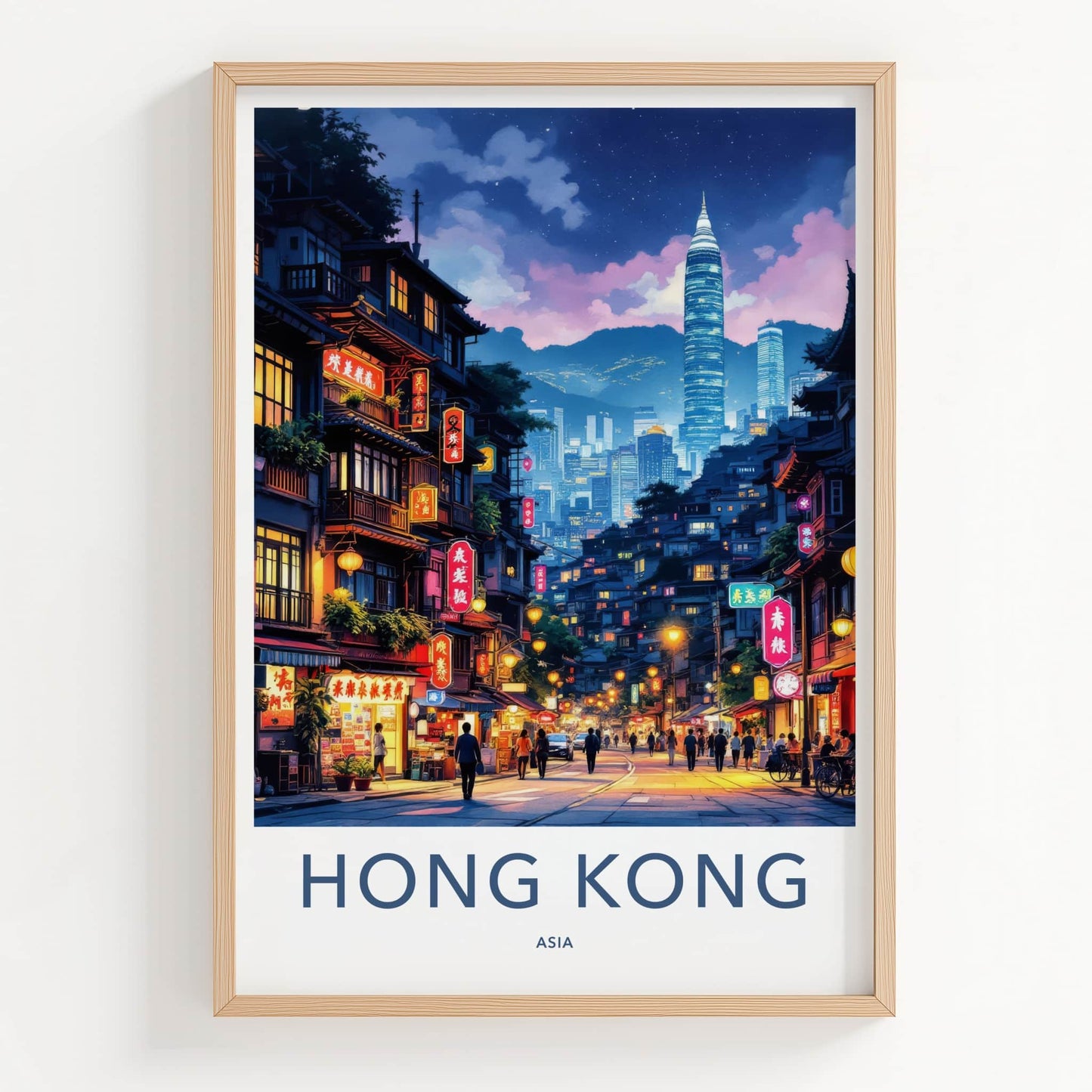 Hong Kong Poster - Asia Travel Print - Neon Lit Street Gallery Art