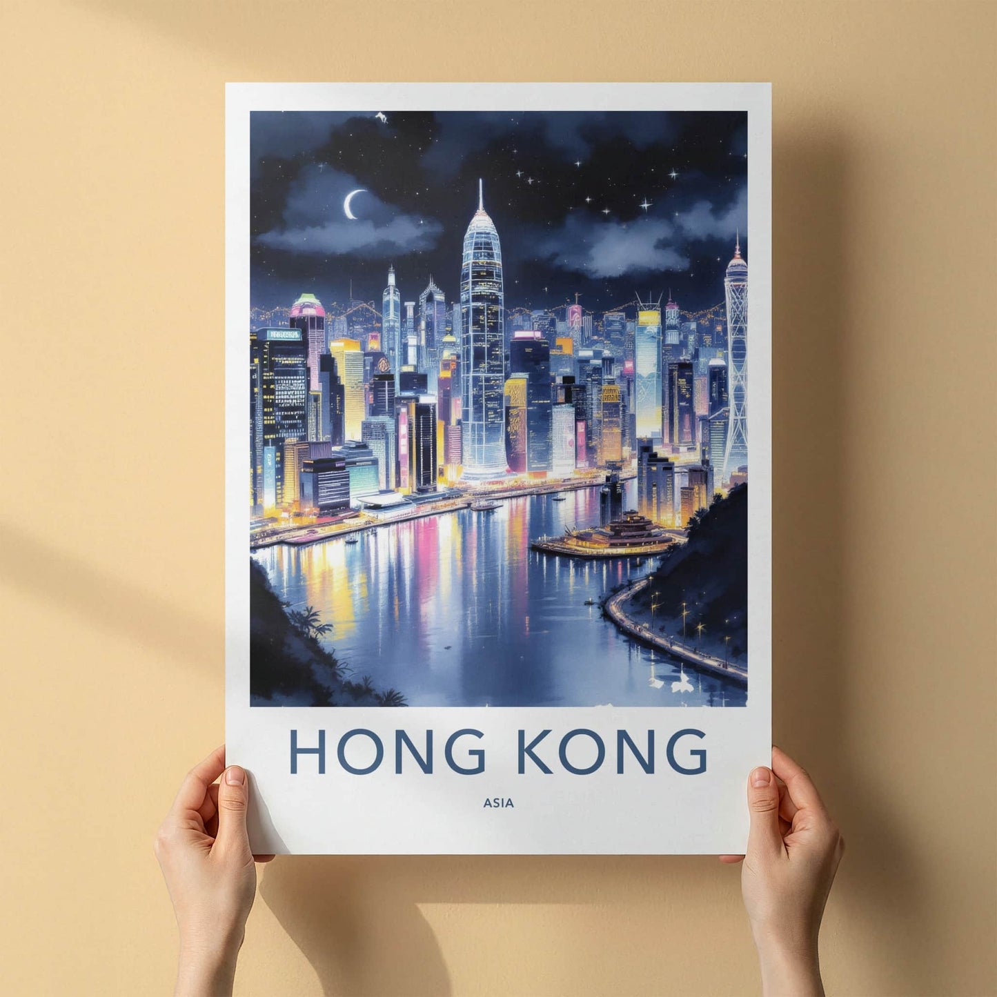 Hong Kong Poster - China Art Print - Night Cityscape Moon Wall Art