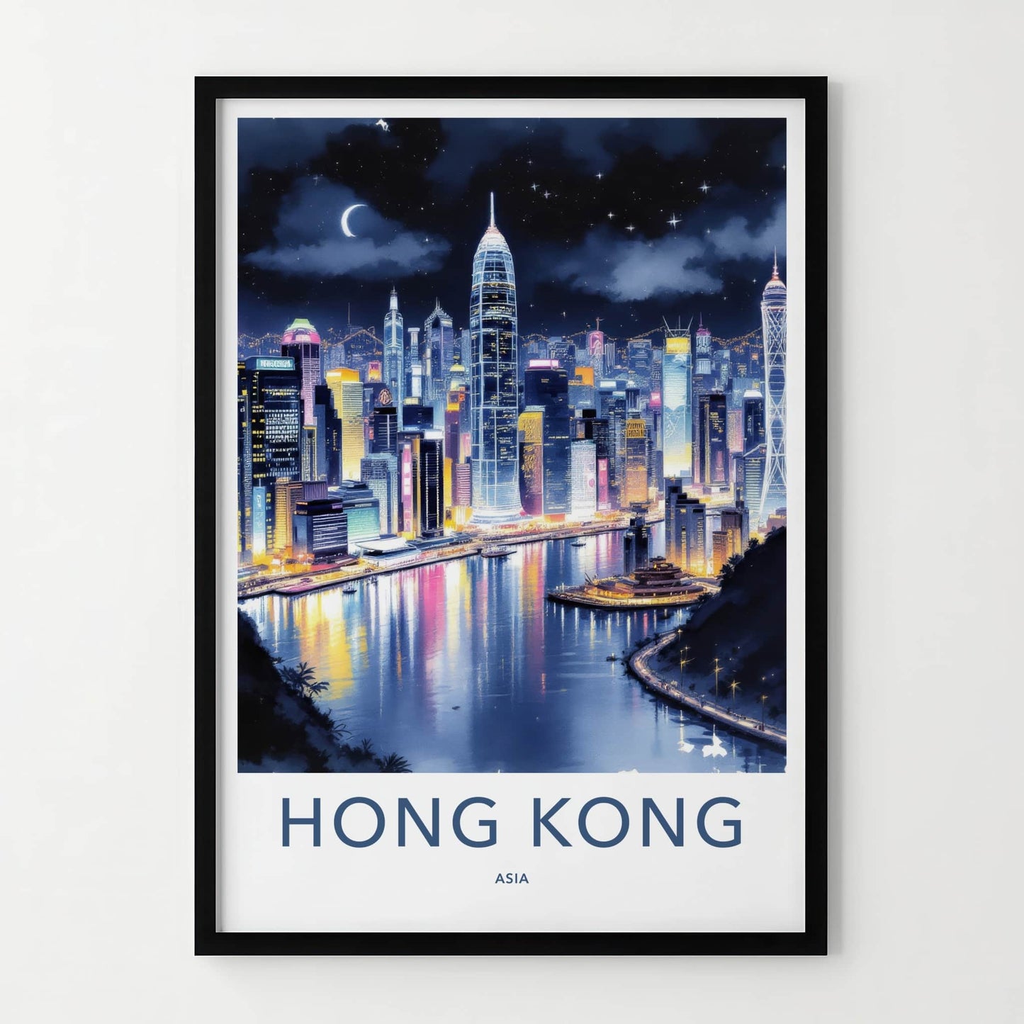 Hong Kong Poster - China Art Print - Night Cityscape Moon Wall Art