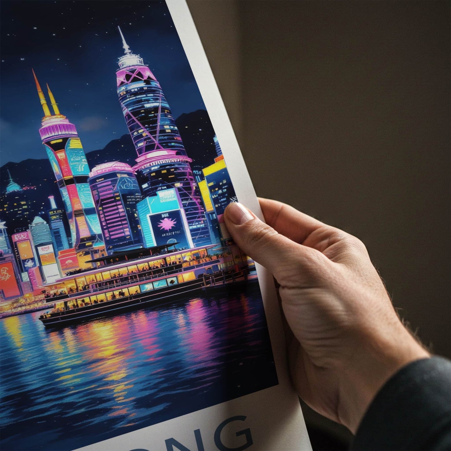 Hong Kong Poster - China Travel Art - Vibrant Night Skyline Home Decor