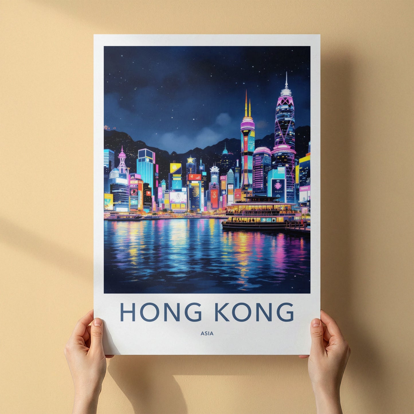 Hong Kong Poster - China Travel Art - Vibrant Night Skyline Home Decor