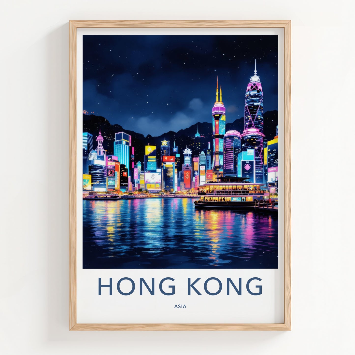 Hong Kong Poster - China Travel Art - Vibrant Night Skyline Home Decor