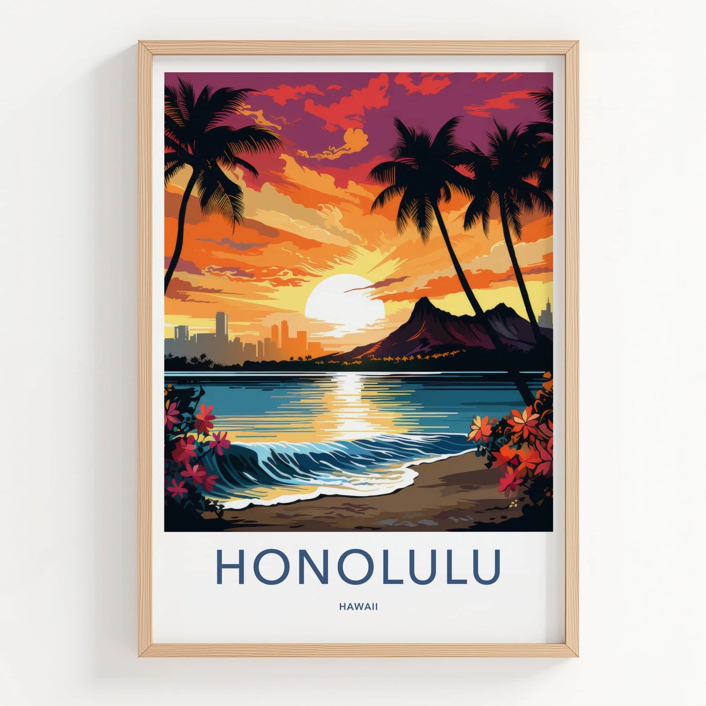 Honolulu Poster - Hawaii Art Print - Waikiki Beach Sunset Wall Decor