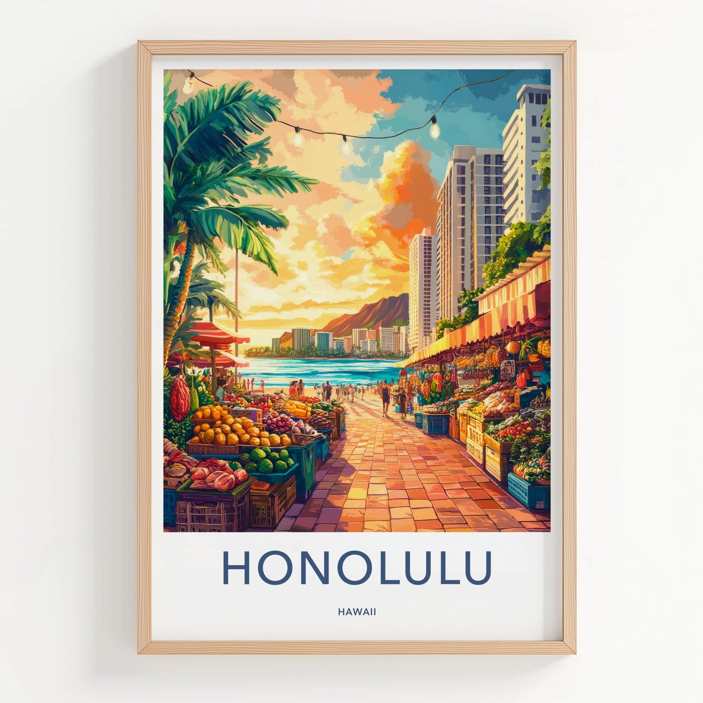 Honolulu Poster - Hawaii Travel Art - Beachside Market Sunset Home Decor