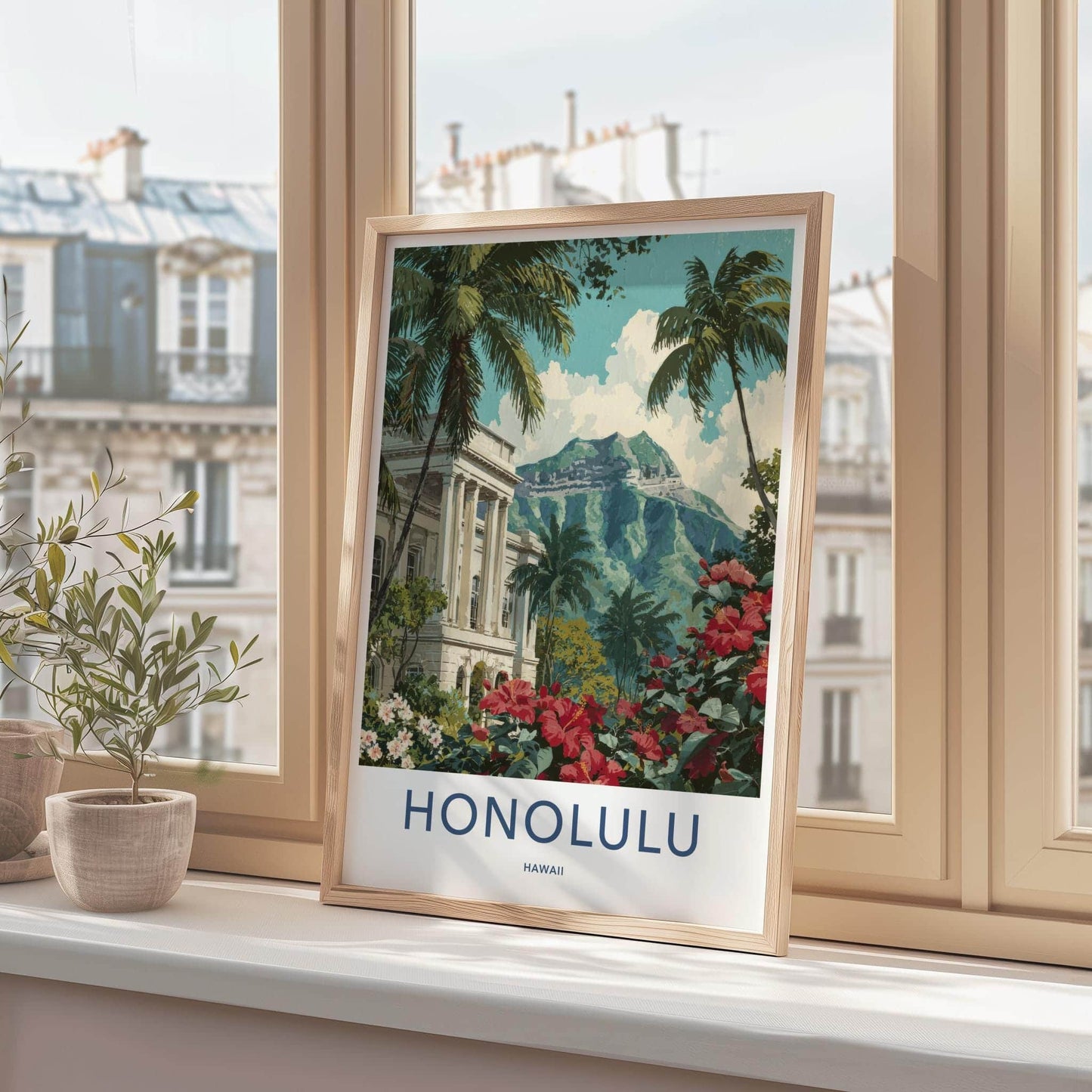 Honolulu Poster - Hawaii Travel Art - Hibiscus Palace Mountain Home Decor