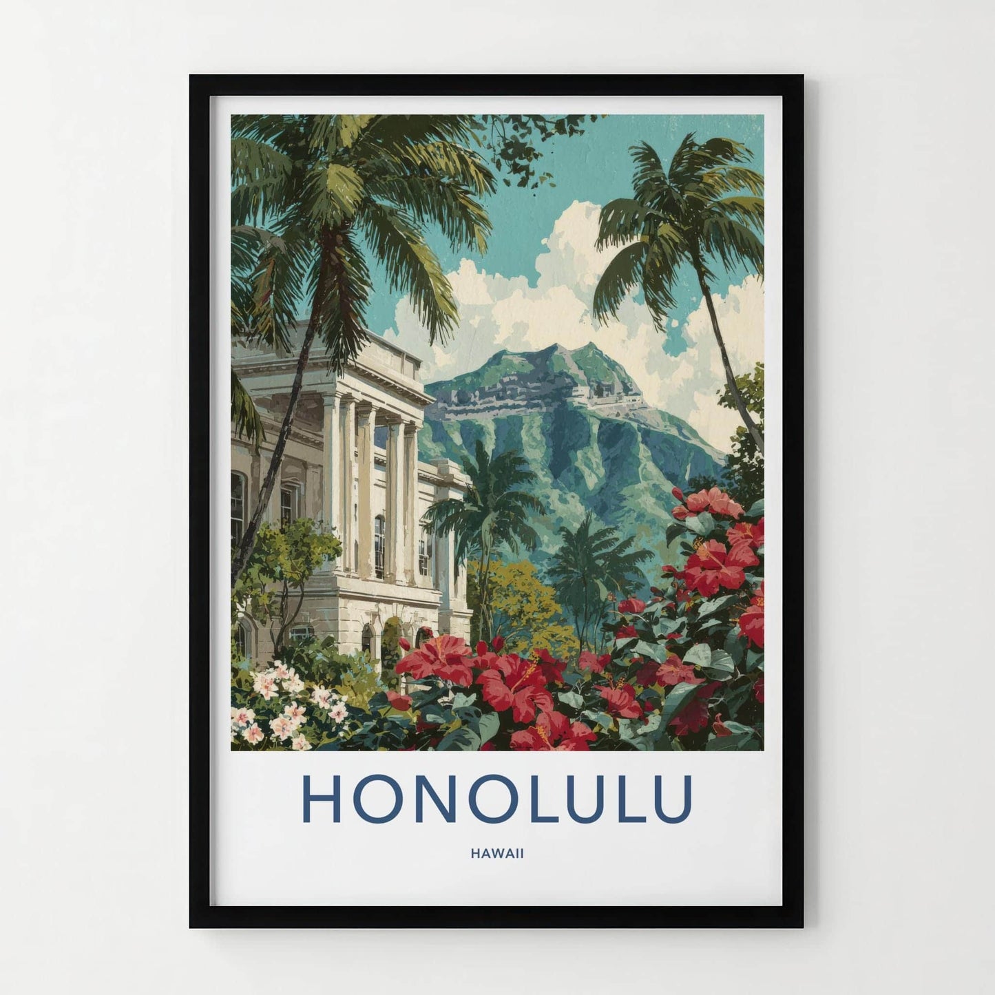 Honolulu Poster - Hawaii Travel Art - Hibiscus Palace Mountain Home Decor