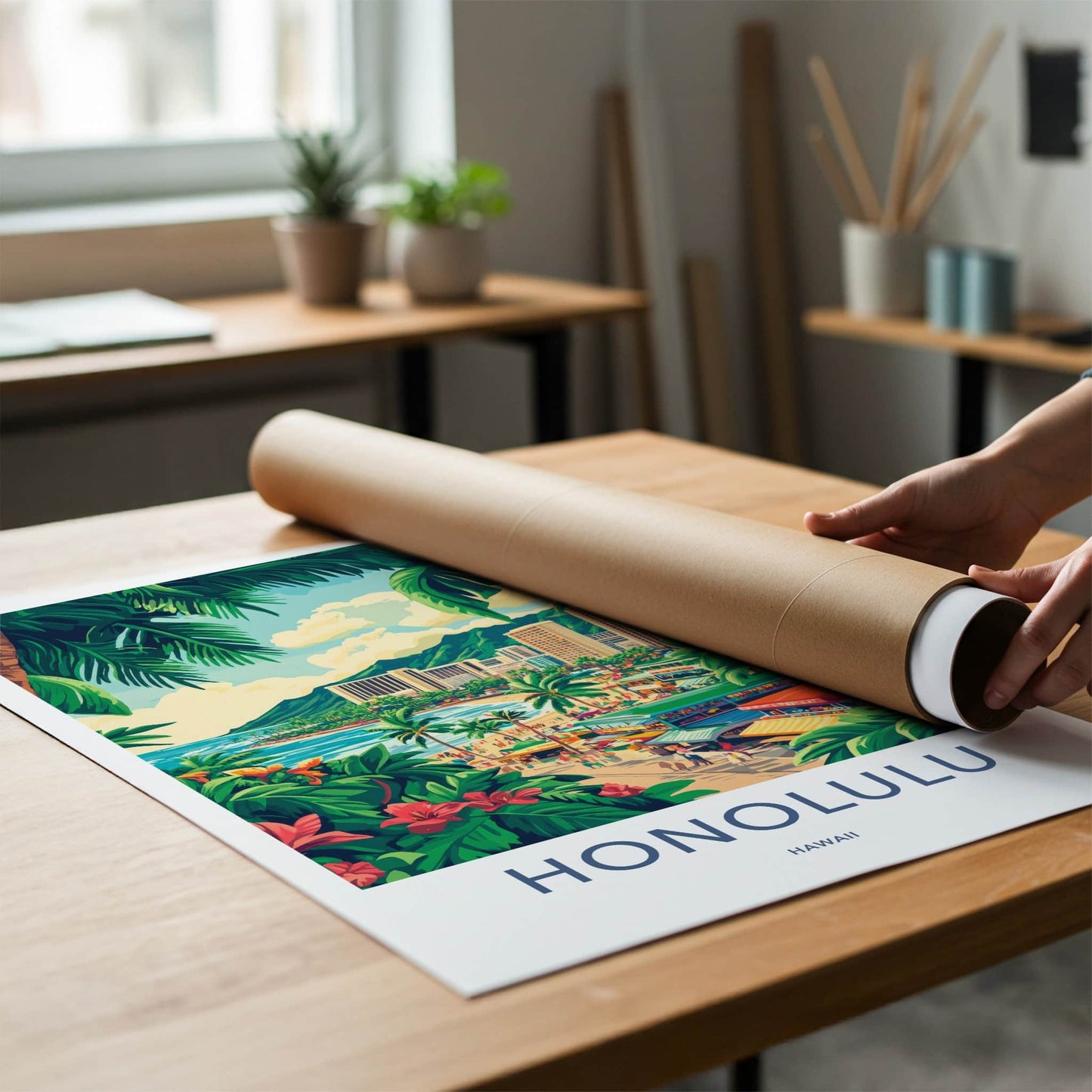 Honolulu Poster - Hawaii Travel Art - Lush Beachfront Town Home Decor