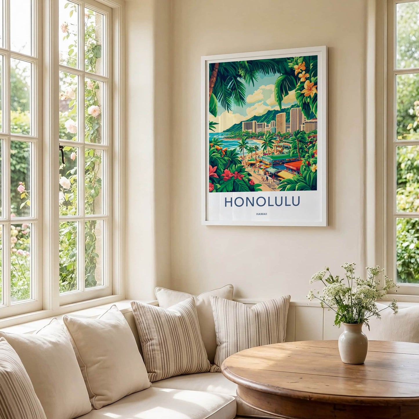 Honolulu Poster - Hawaii Travel Art - Lush Beachfront Town Home Decor
