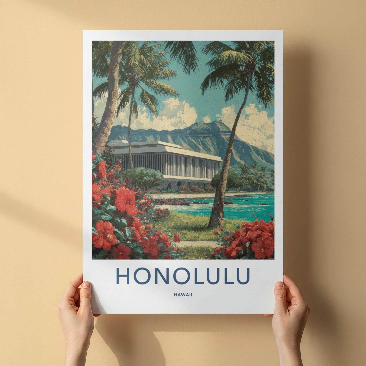 Honolulu Poster - Hawaii Travel Art - Palms Red Hibiscus Wall Decor