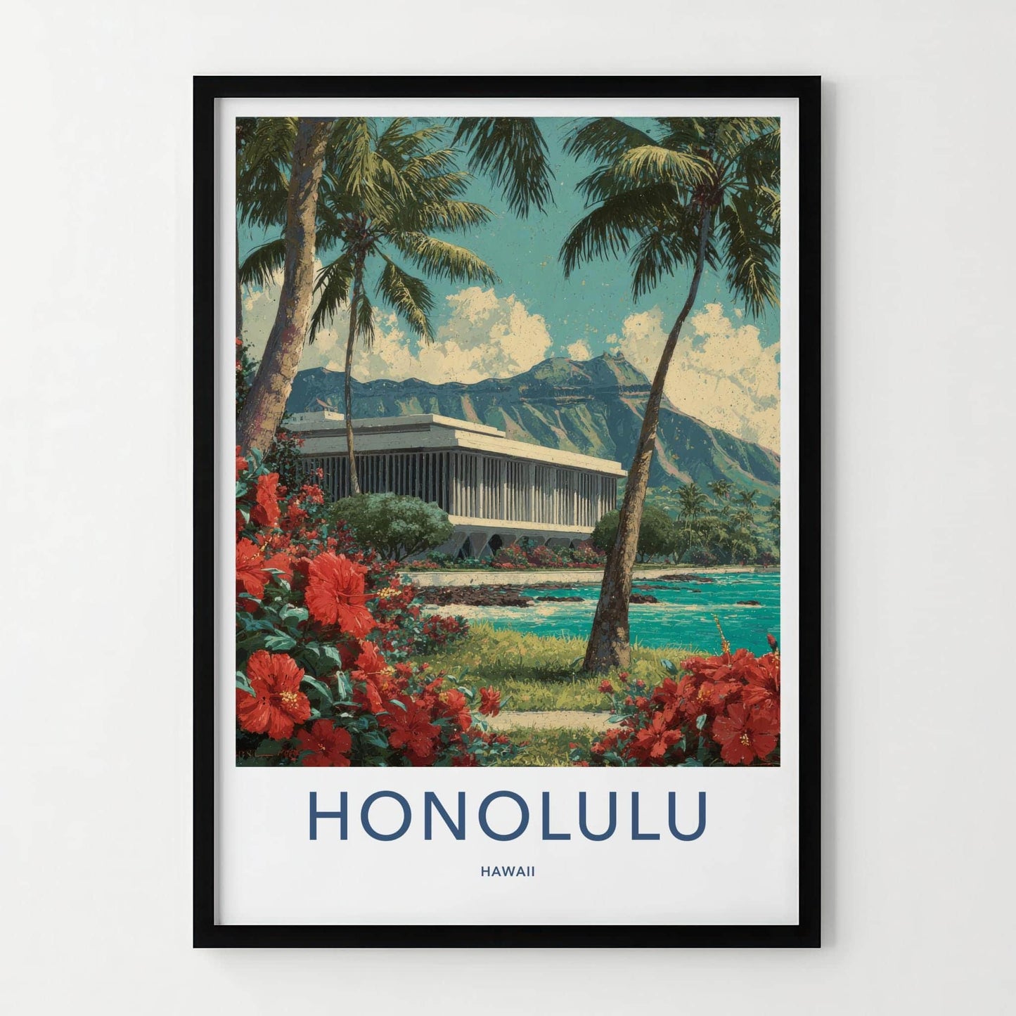 Honolulu Poster - Hawaii Travel Art - Palms Red Hibiscus Wall Decor
