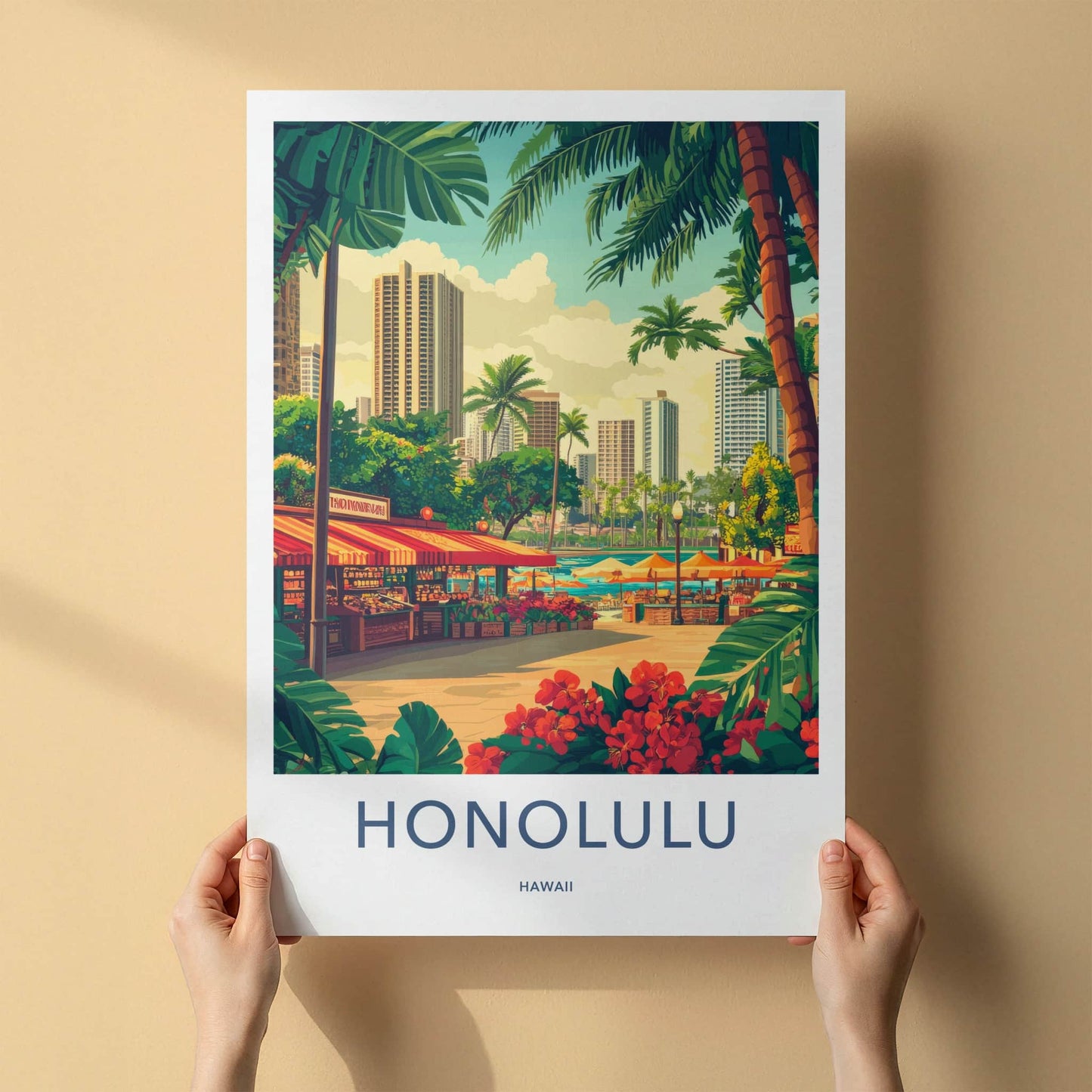 Honolulu Poster - Hawaii Travel Art - Tropical City Market Home Decor