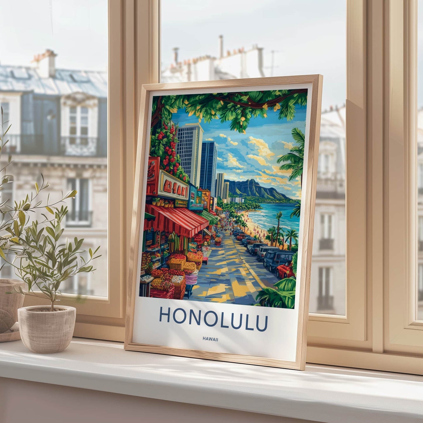 Honolulu Poster - Hawaii Travel Art - Vibrant Market Scene Home Decor