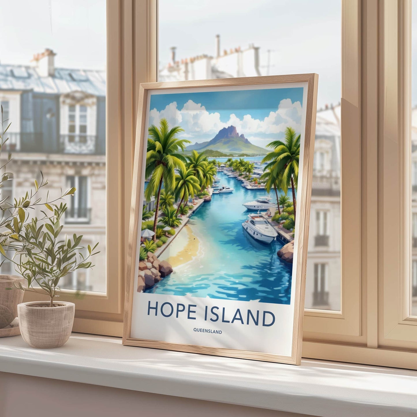 Hope Island Poster - Australia Travel Art - Tropical Marina Mountain Home Decor