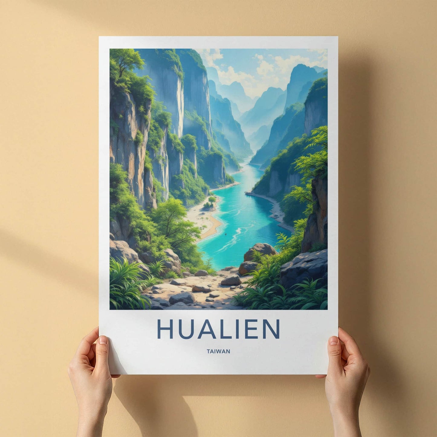 Hualien Poster - Taiwan Travel Art - Turquoise River Cliffs Wall Decor