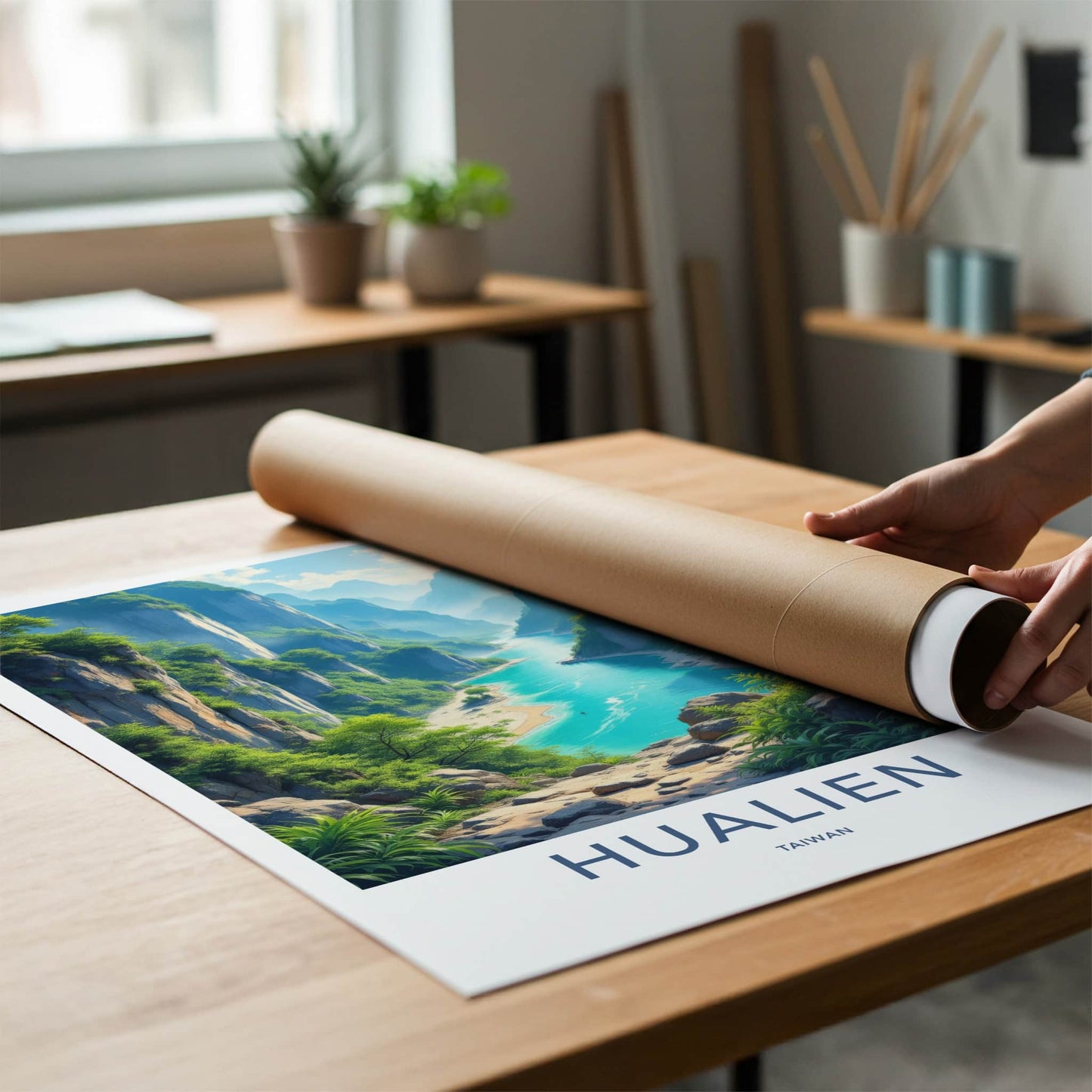 Hualien Poster - Taiwan Travel Art - Turquoise River Cliffs Wall Decor
