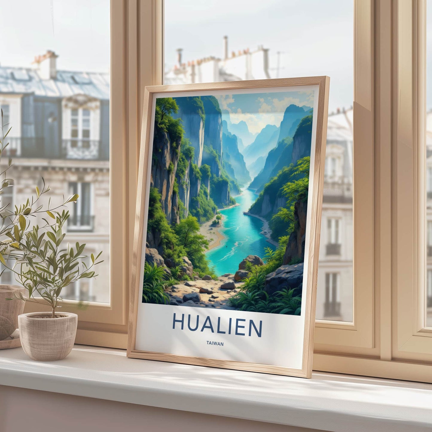 Hualien Poster - Taiwan Travel Art - Turquoise River Cliffs Wall Decor