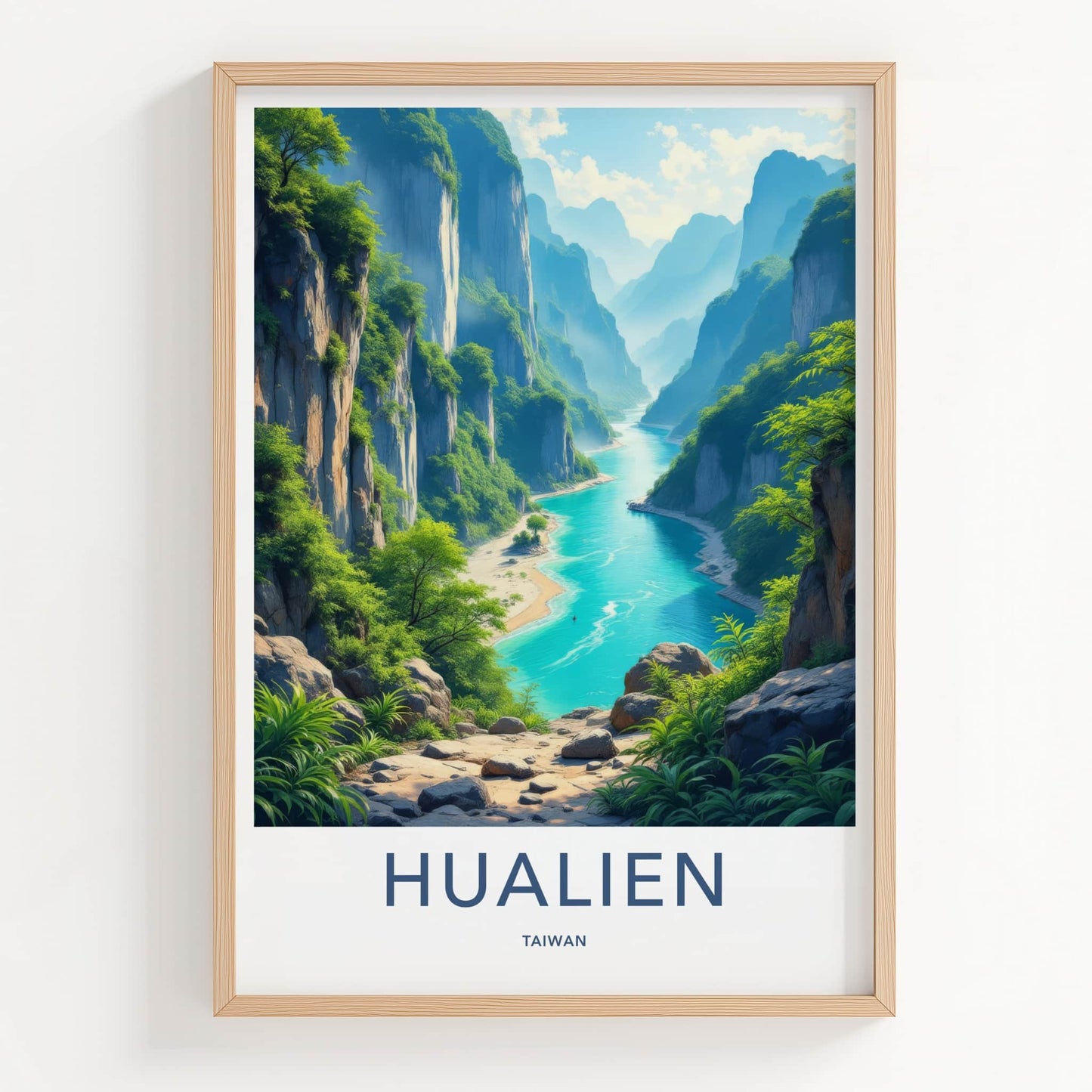Hualien Poster - Taiwan Travel Art - Turquoise River Cliffs Wall Decor