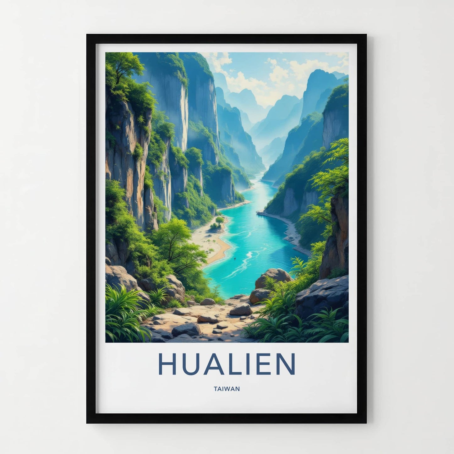 Hualien Poster - Taiwan Travel Art - Turquoise River Cliffs Wall Decor