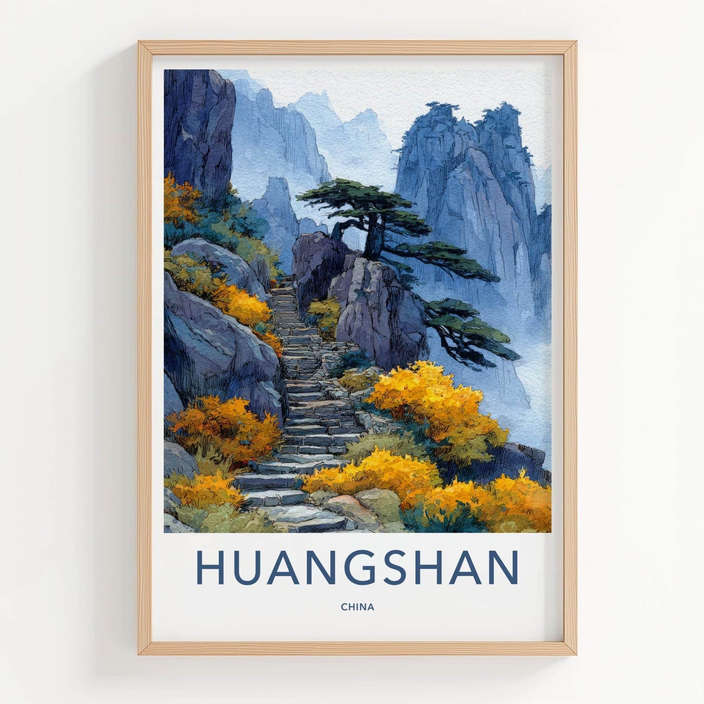 Huangshan Poster - China Travel Art - Misty Mountain Steps Home Decor