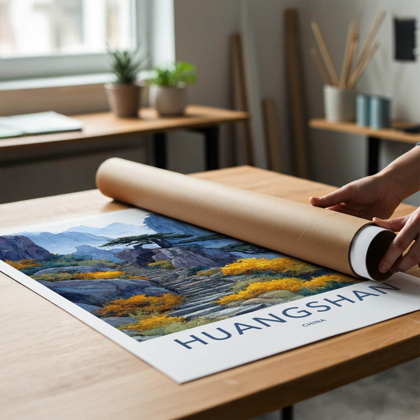 Huangshan Poster - China Travel Art - Misty Mountain Steps Home Decor