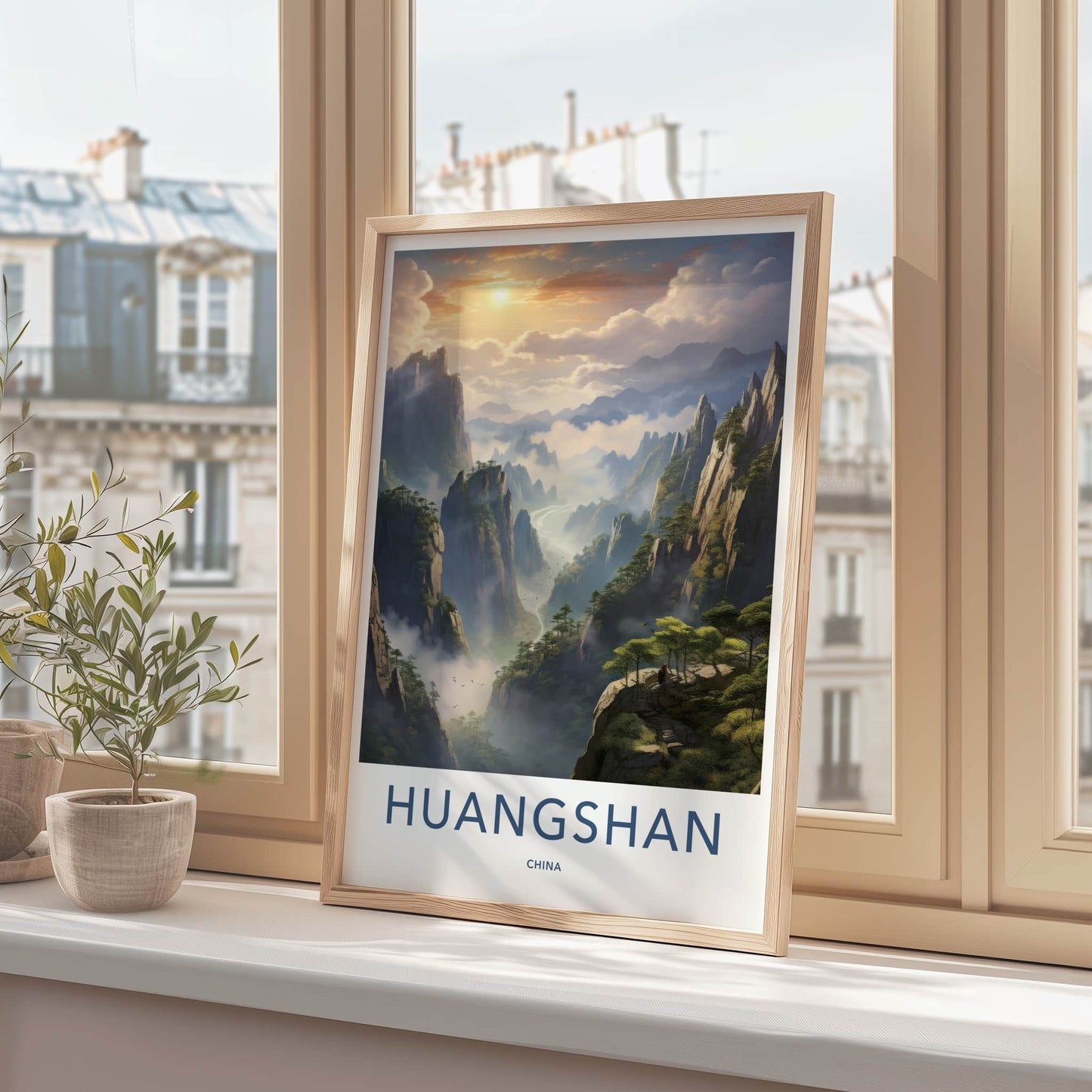 HUANGSHAN Poster - China Travel Art - Misty Mountain Sunrise Home Decor