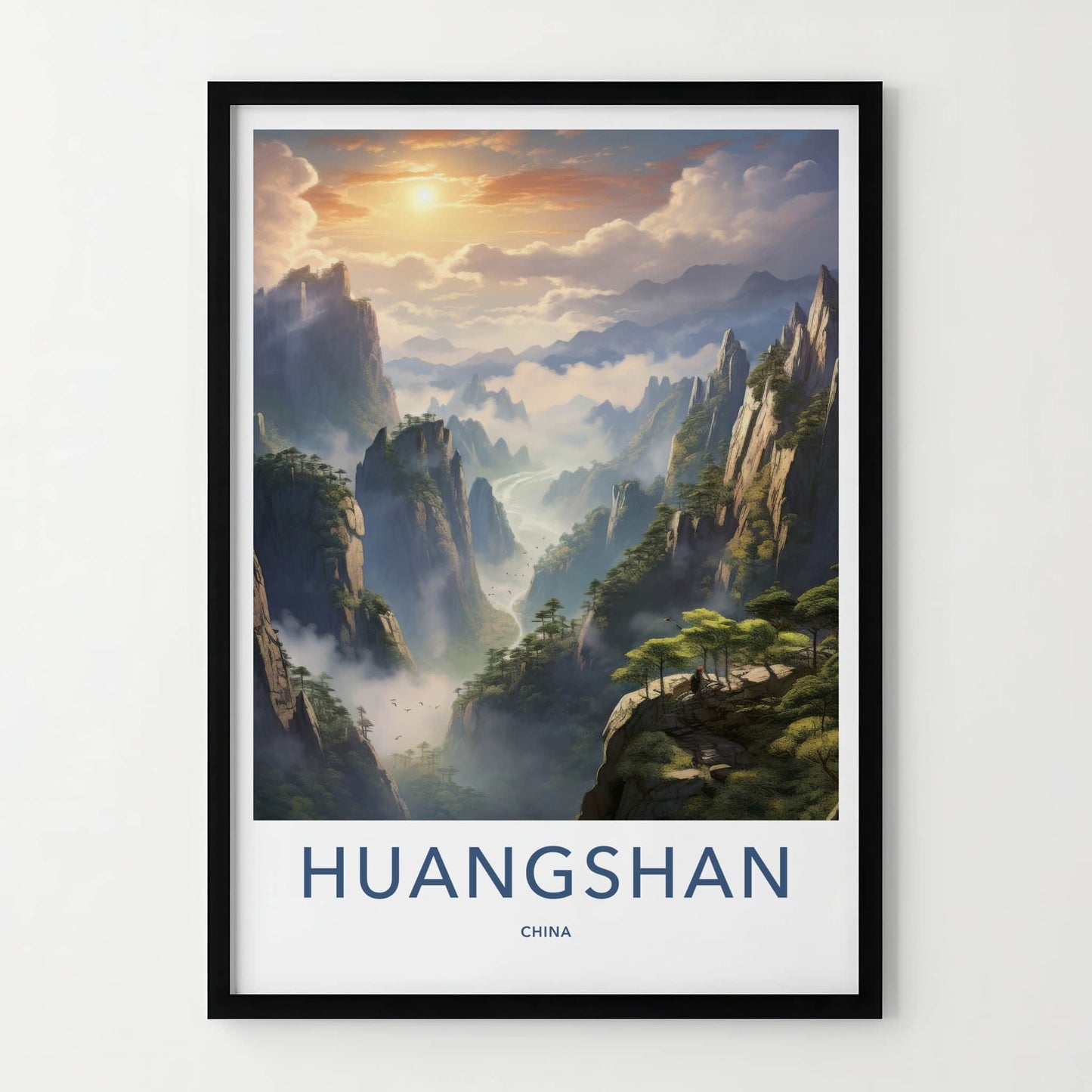 HUANGSHAN Poster - China Travel Art - Misty Mountain Sunrise Home Decor