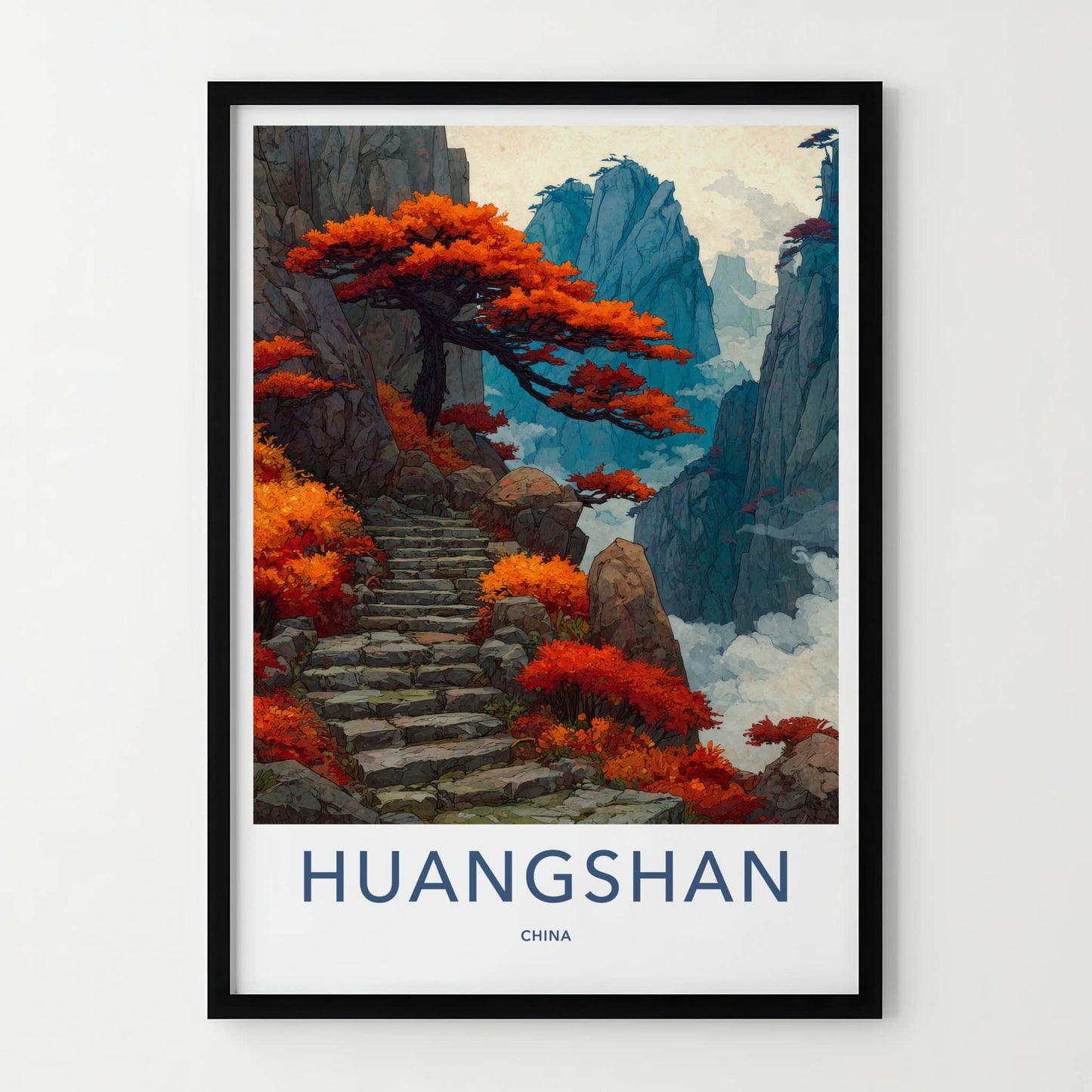Huangshan Poster - China Travel Art - Red Trees Steps Gallery Art