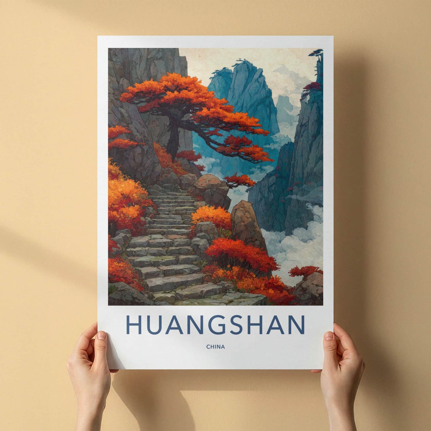 Huangshan Poster - China Travel Art - Red Trees Steps Gallery Art
