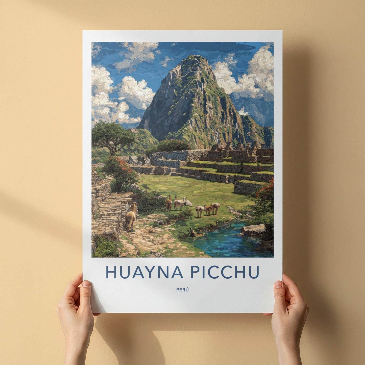 Huayna Picchu Poster - Peru Travel Art - Llamas Ancient Terraces Home Decor