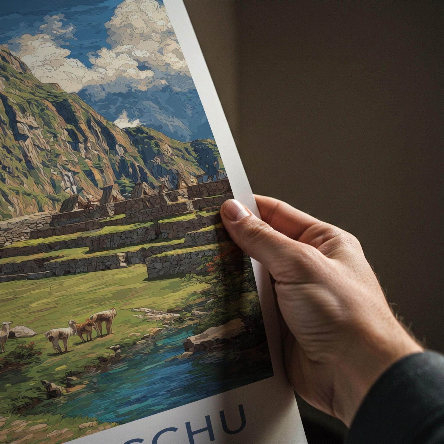Huayna Picchu Poster - Peru Travel Art - Llamas Ancient Terraces Home Decor