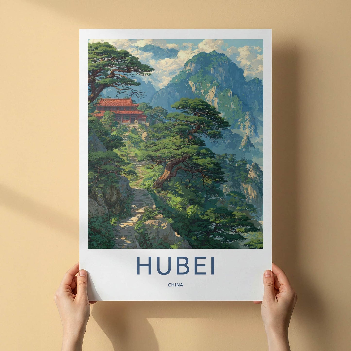 Hubei Poster - China Travel Print - Mountain Temple Pathway Home Decor