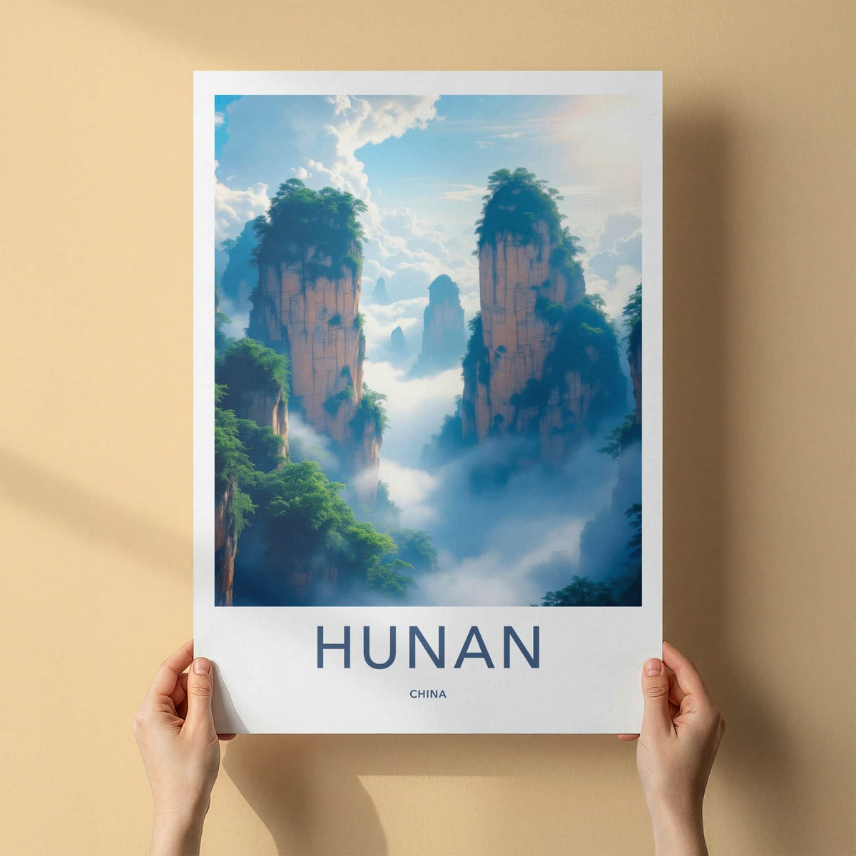 Hunan Poster - China Travel Art - Towering Foggy Mountains Home Decor