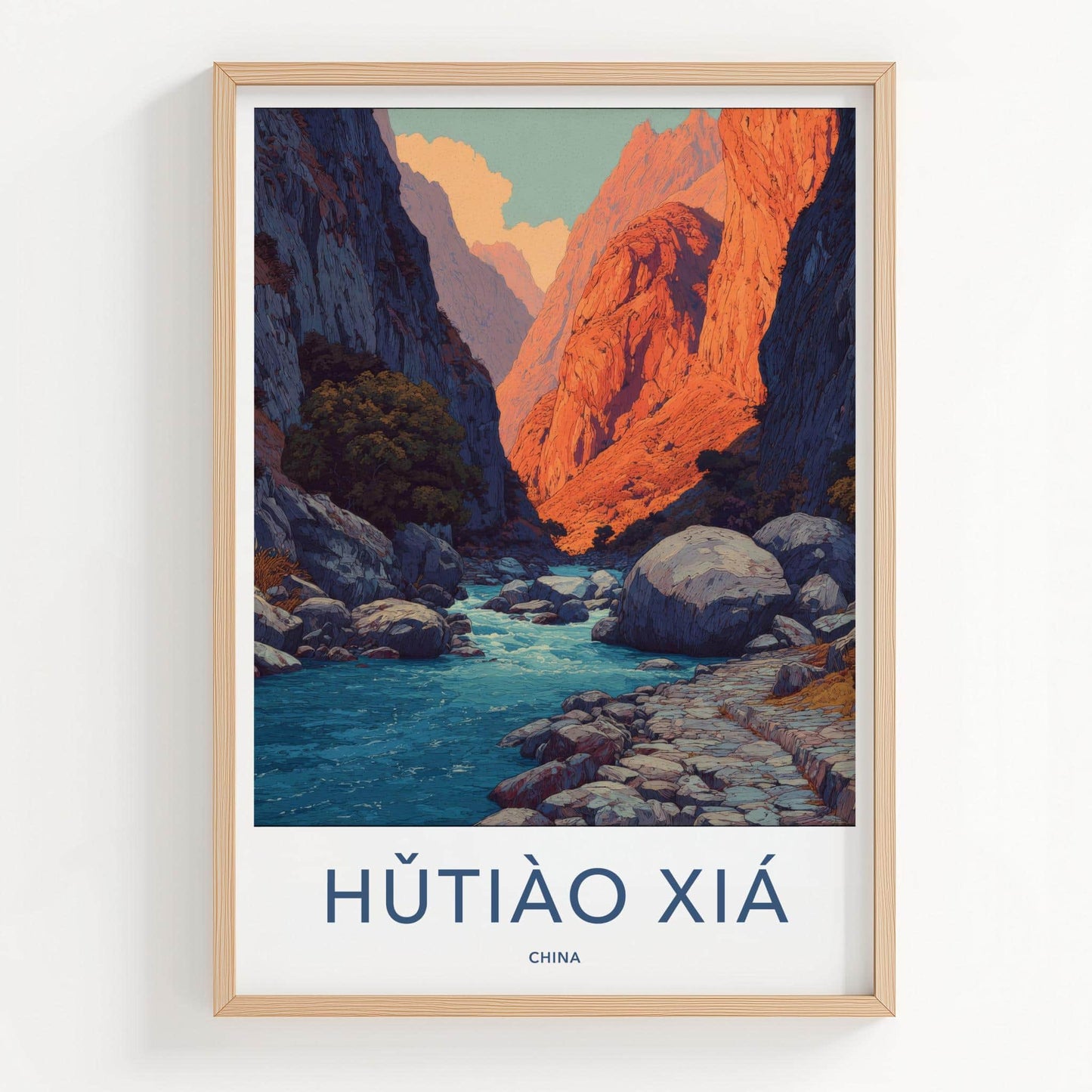 Hutiao Xia Poster - China Travel Art - Sunlit Canyon River Home Decor