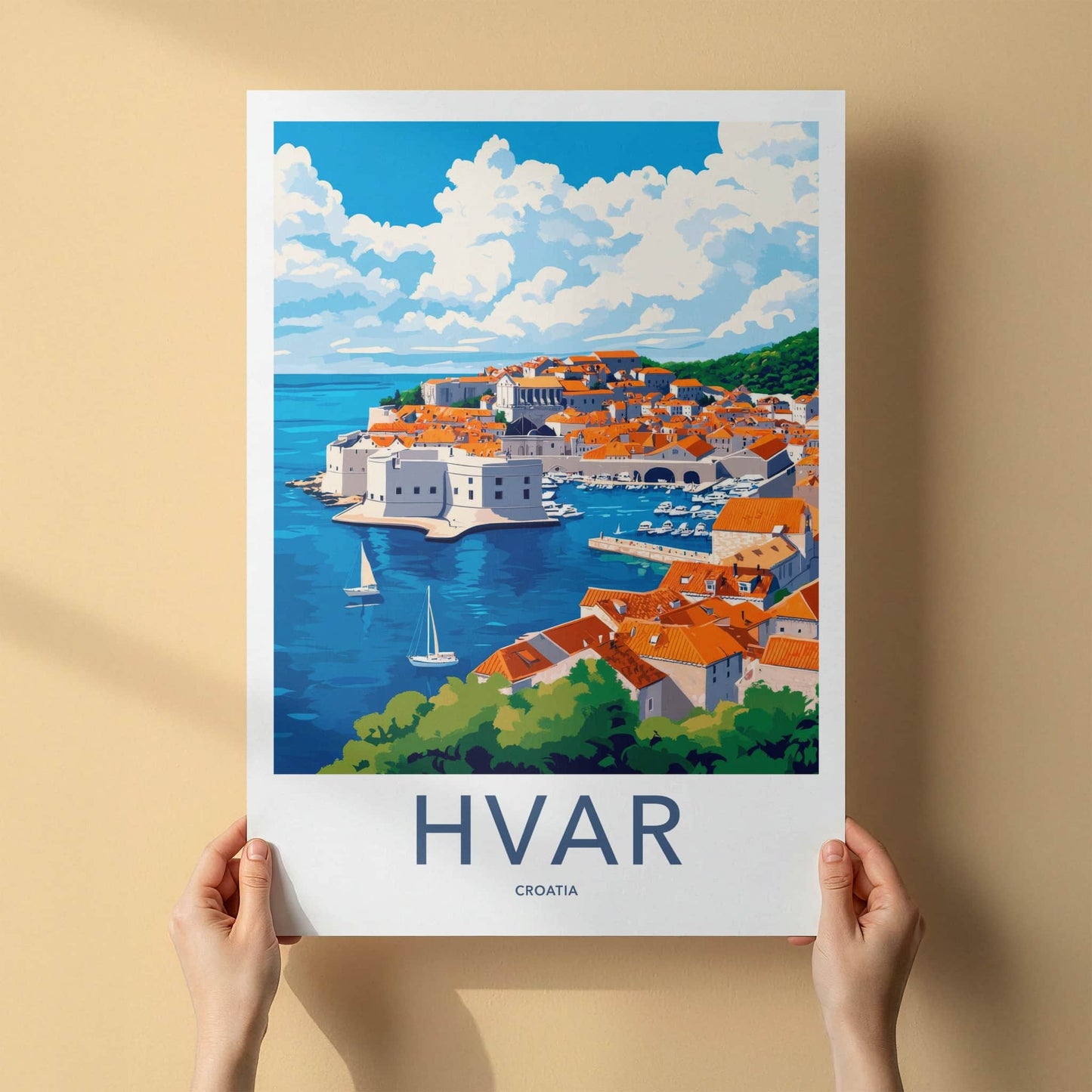 Hvar Poster - Croatia Travel Art - Coastal Town Boats Home Decor