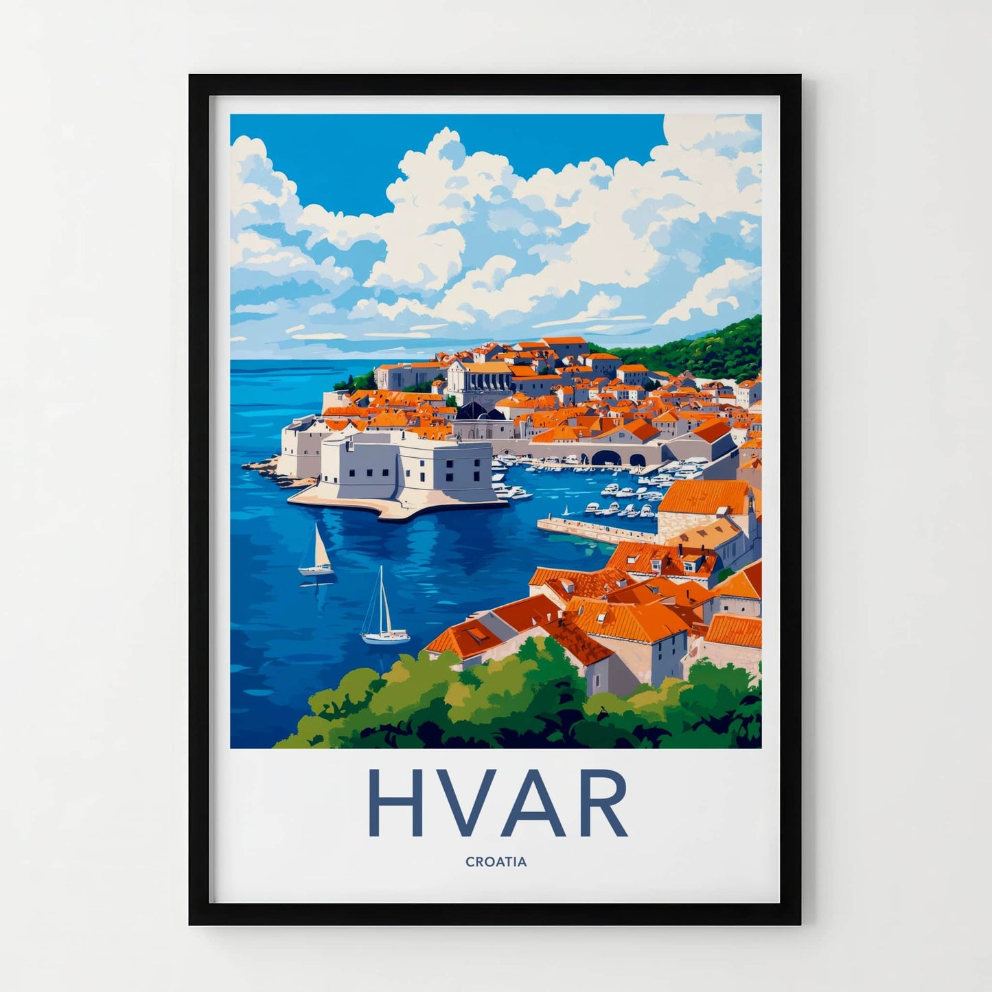 Hvar Poster - Croatia Travel Art - Coastal Town Boats Home Decor