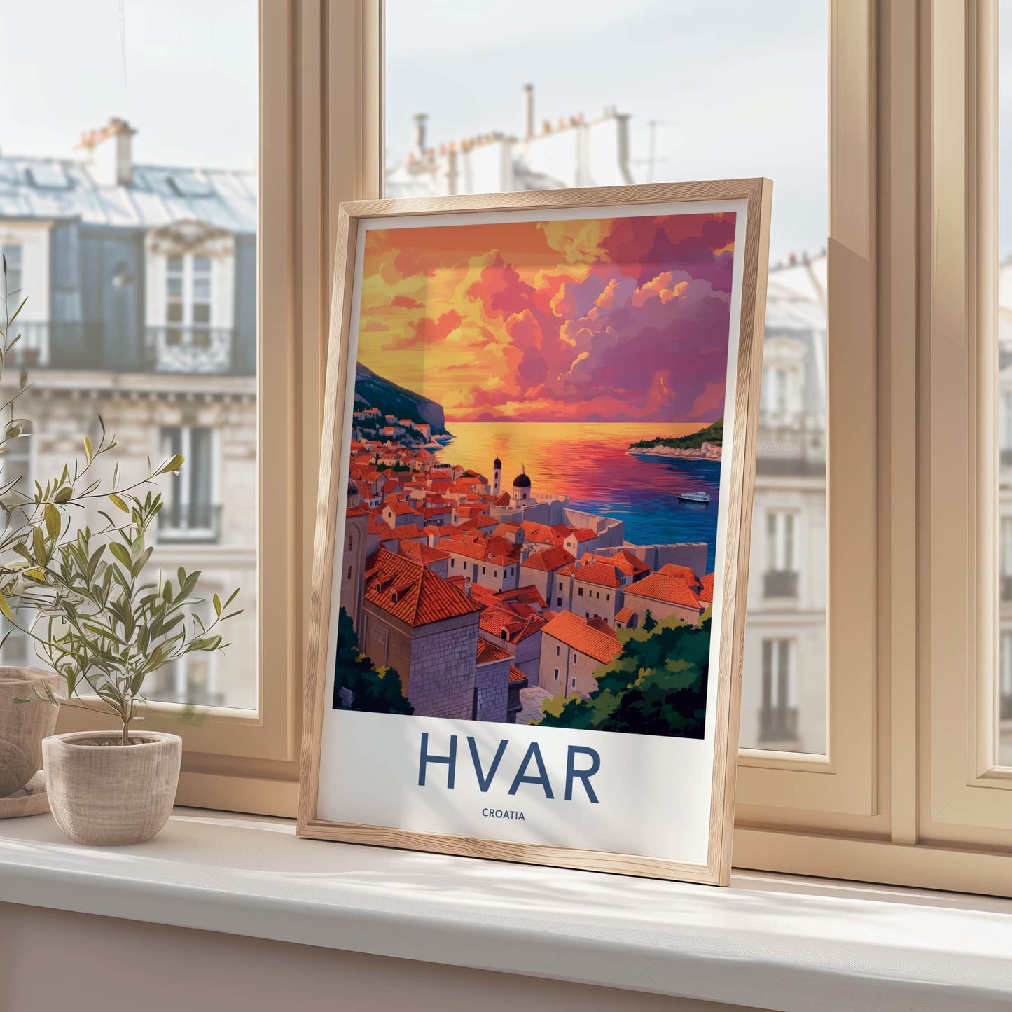 Hvar Poster - Croatia Travel Art - Vibrant Sunset Coastal Home Decor