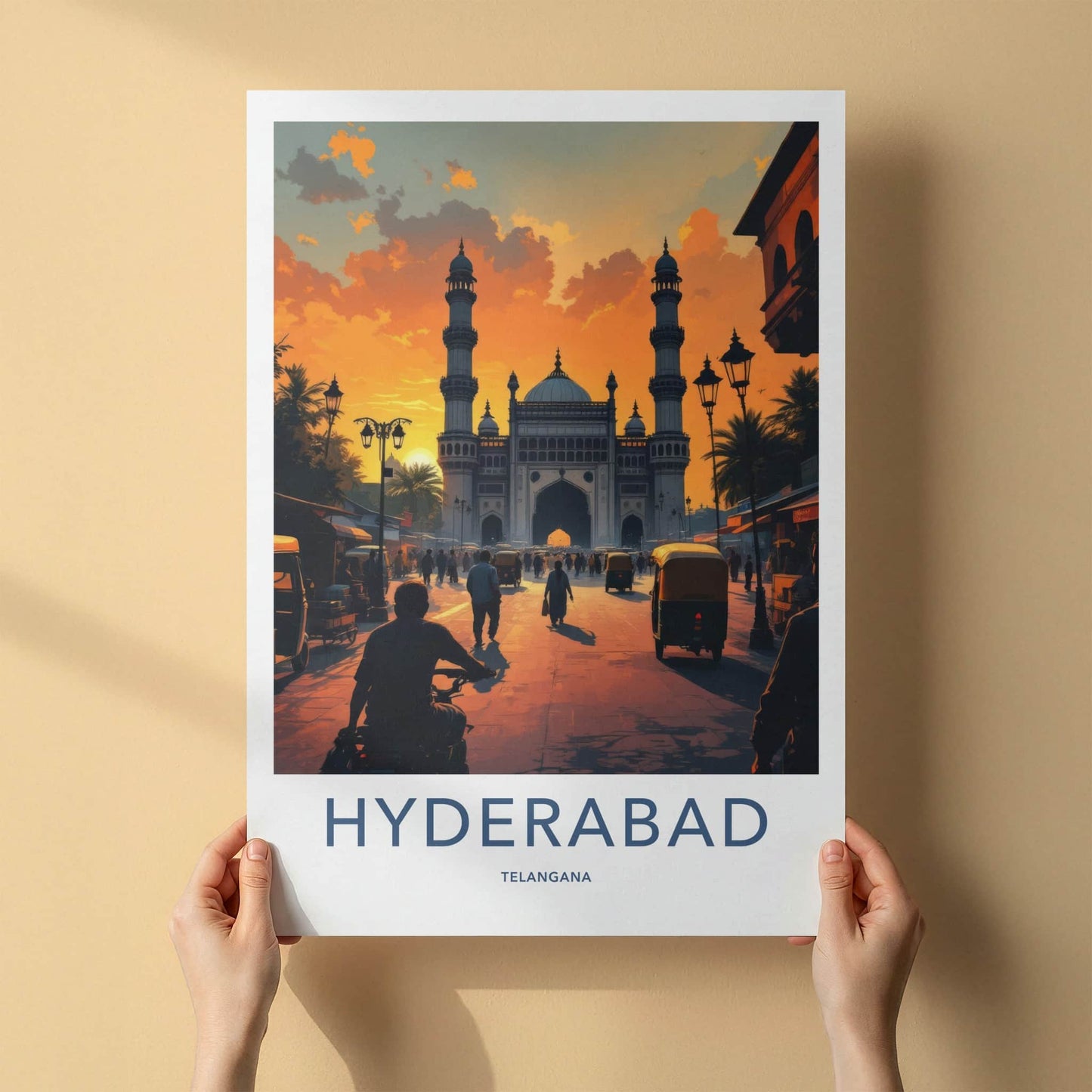 Hyderabad Poster - India Travel Art - Charminar Monument Sunset Telangana Home Decor