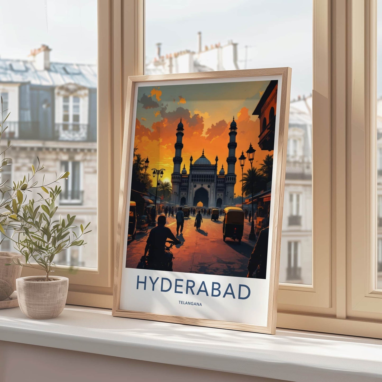 Hyderabad Poster - India Travel Art - Charminar Monument Sunset Telangana Home Decor