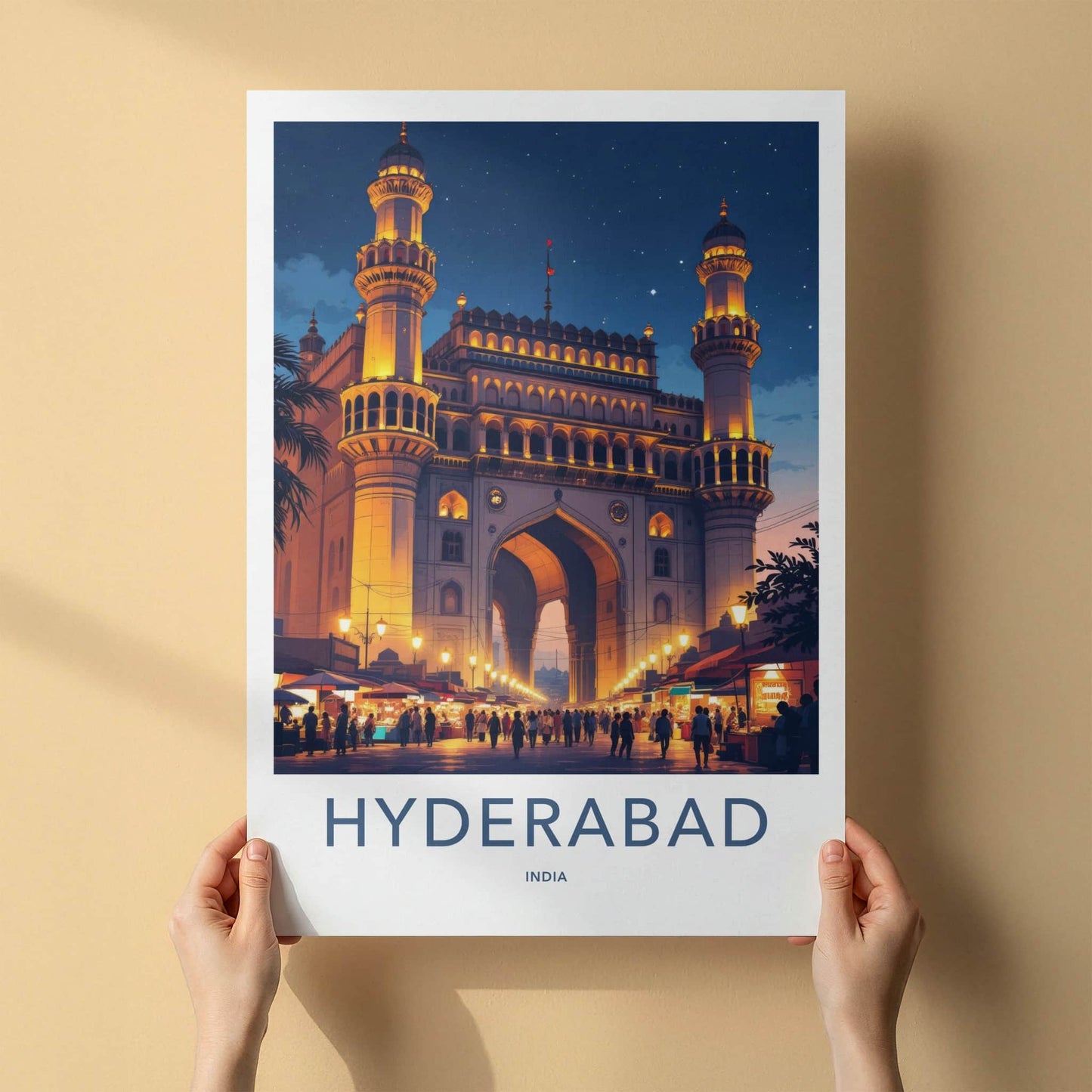 Hyderabad Poster - India Travel Art - Telangana Charminar Night Home Decor