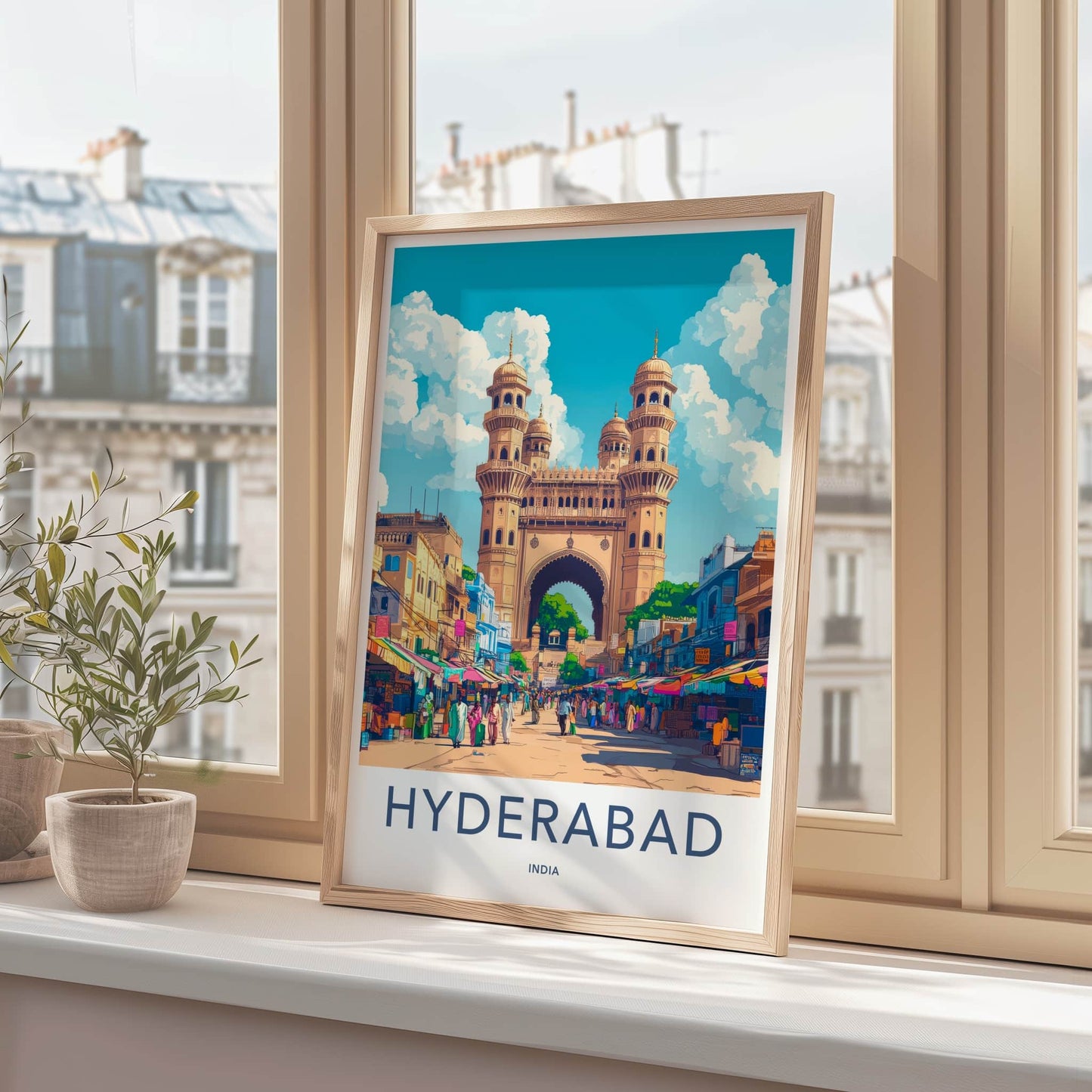 Hyderabad Poster - India Travel Art - Telangana Charminar Street Market Home Decor