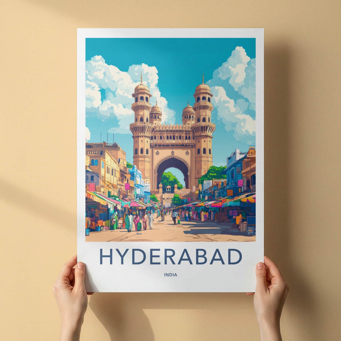 Hyderabad Poster - India Travel Art - Telangana Charminar Street Market Home Decor