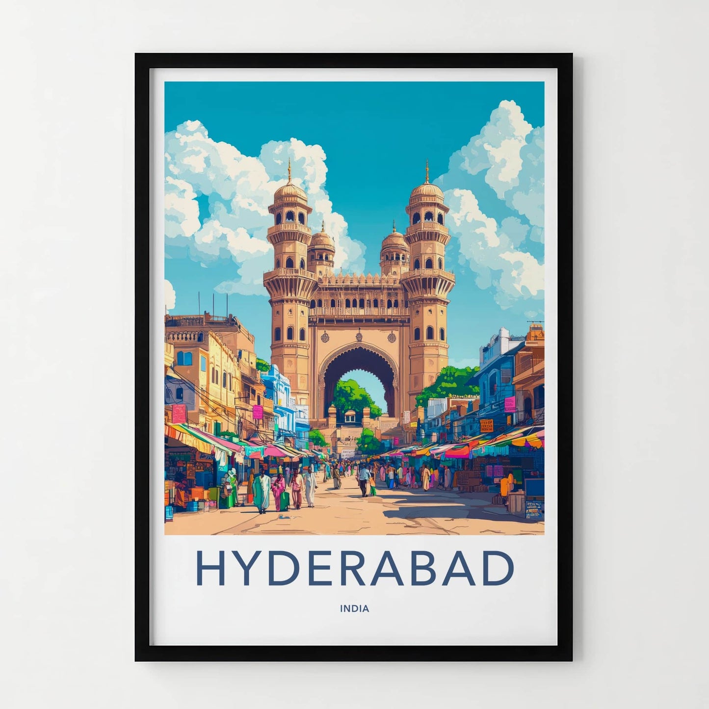 Hyderabad Poster - India Travel Art - Telangana Charminar Street Market Home Decor