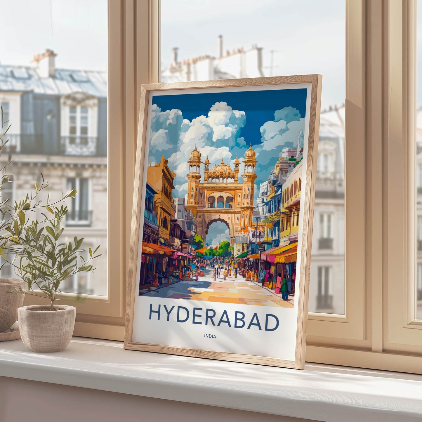 Hyderabad Poster - India Travel Art - Telangana Golden Archway Market Wall Decor