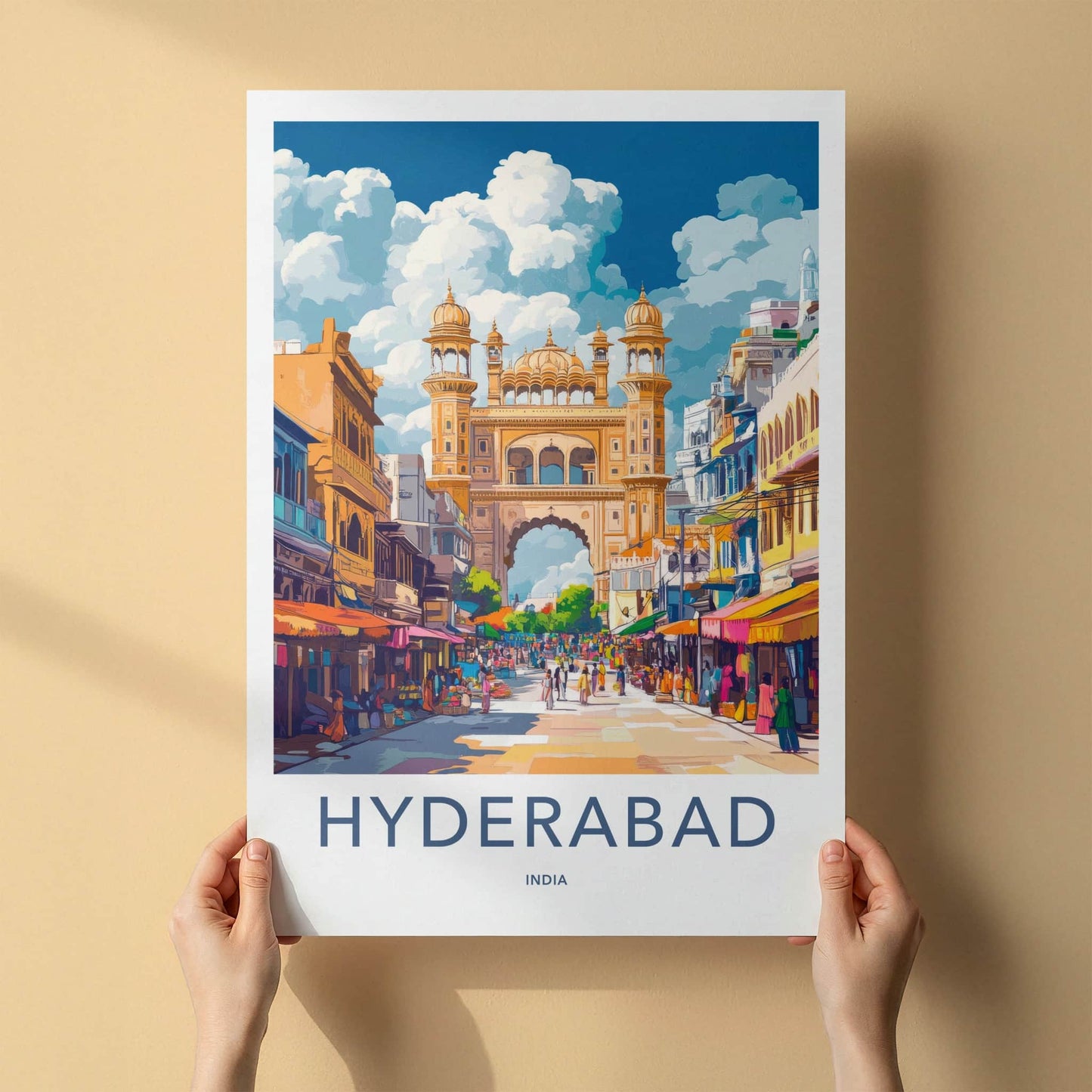 Hyderabad Poster - India Travel Art - Telangana Golden Archway Market Wall Decor