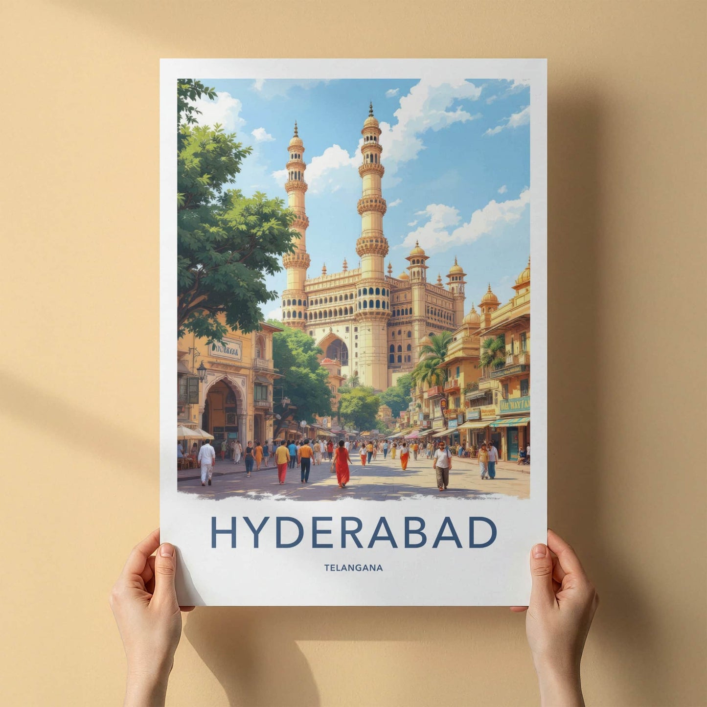 Hyderabad Poster - India Travel Art - Telangana Minaret Market Home Decor