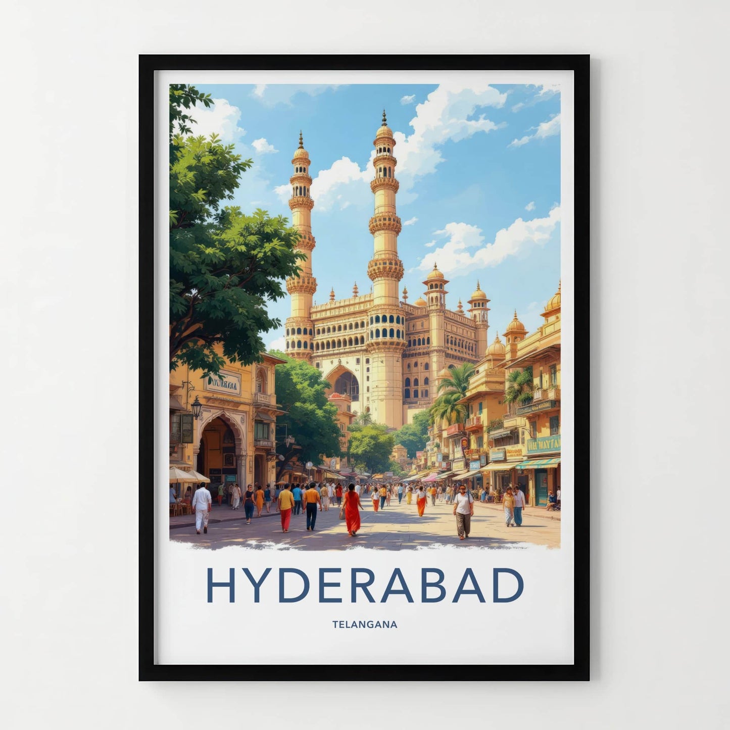 Hyderabad Poster - India Travel Art - Telangana Minaret Market Home Decor