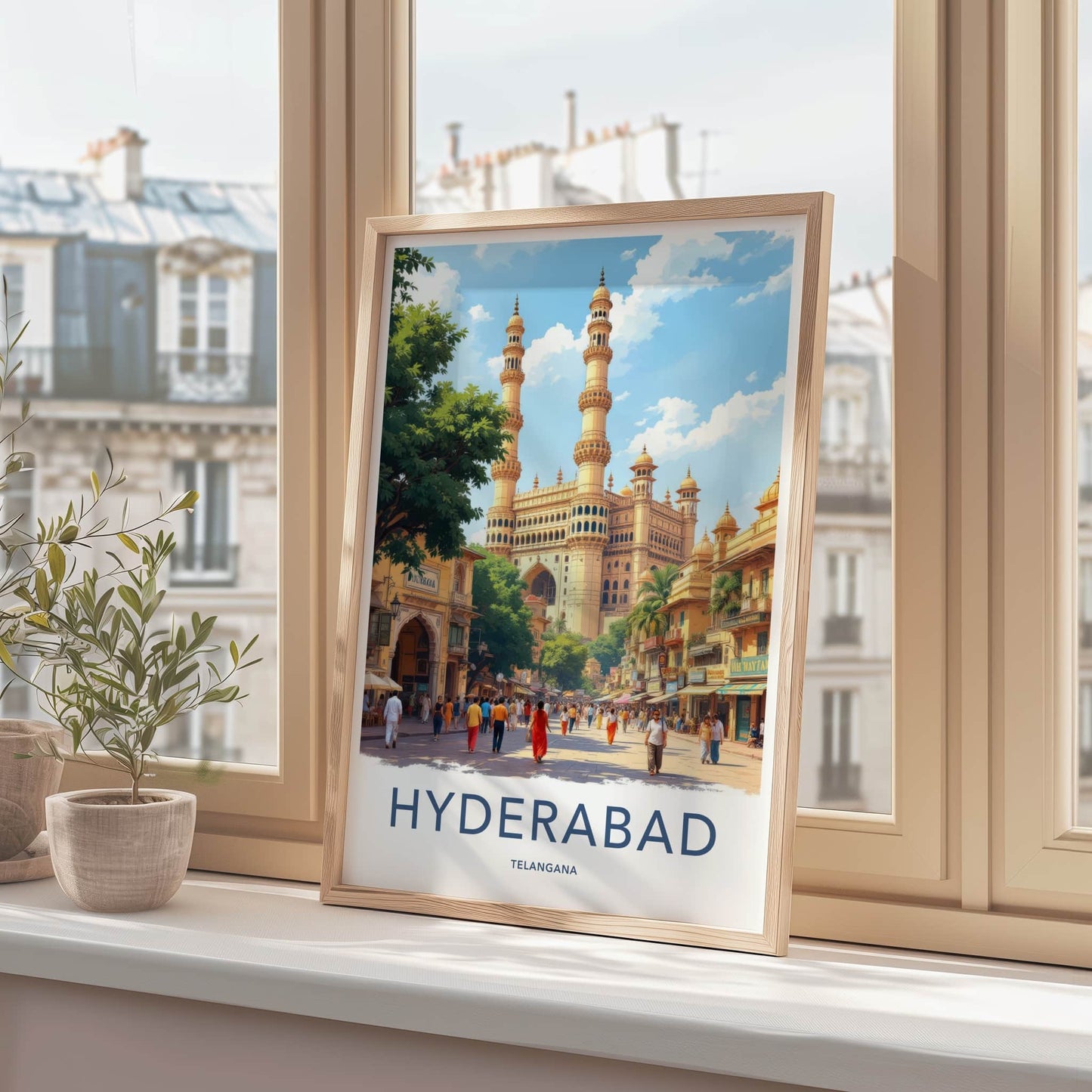 Hyderabad Poster - India Travel Art - Telangana Minaret Market Home Decor