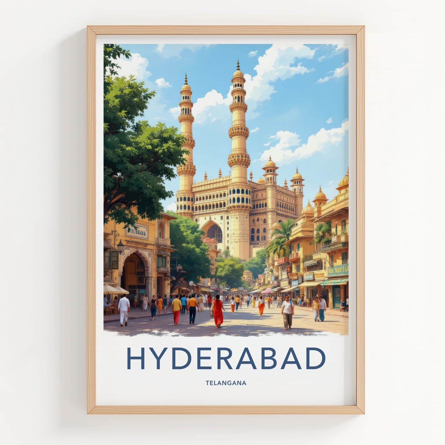 Hyderabad Poster - India Travel Art - Telangana Minaret Market Home Decor
