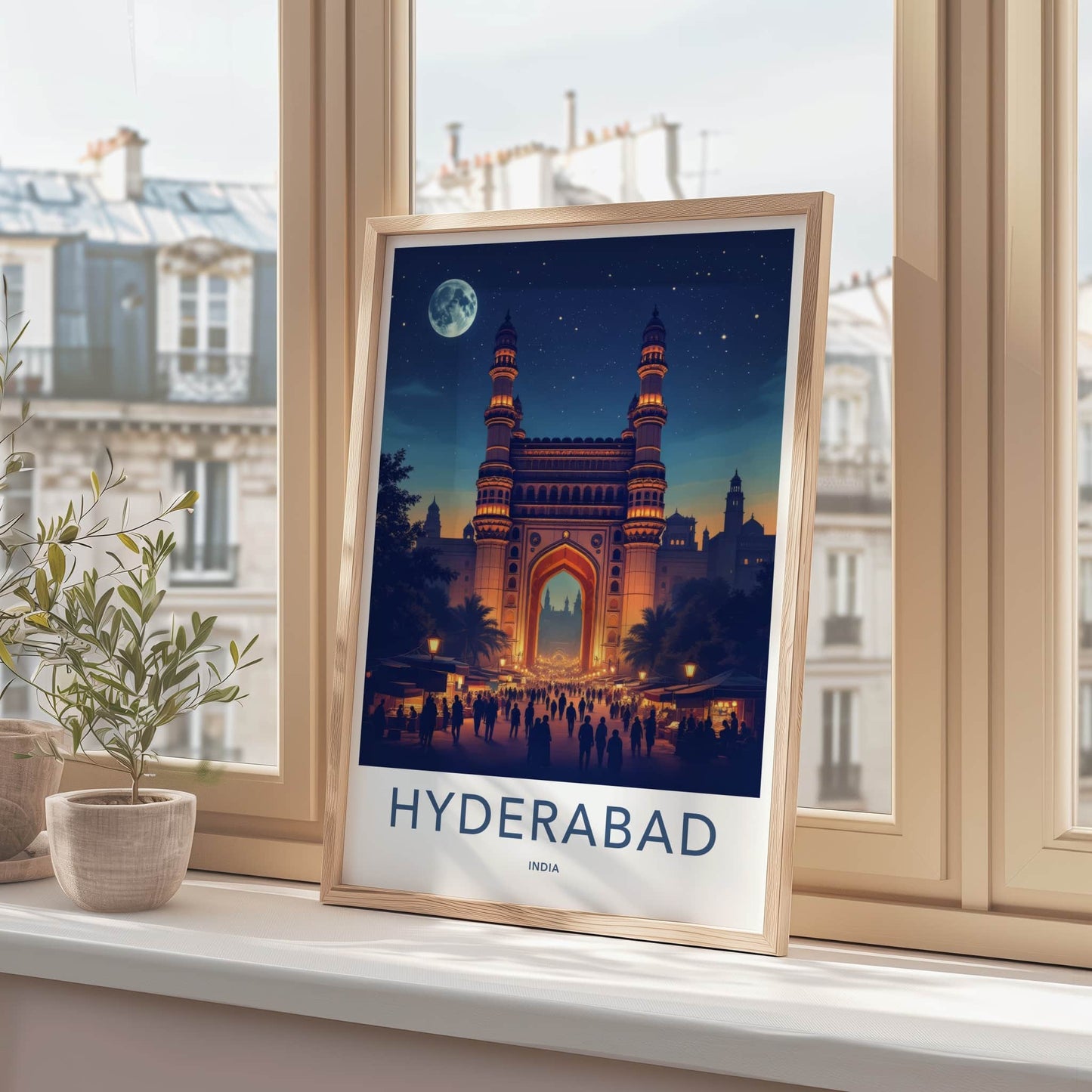 Hyderabad Poster - India Wall Art - Telangana Charminar Full Moon Home Decor